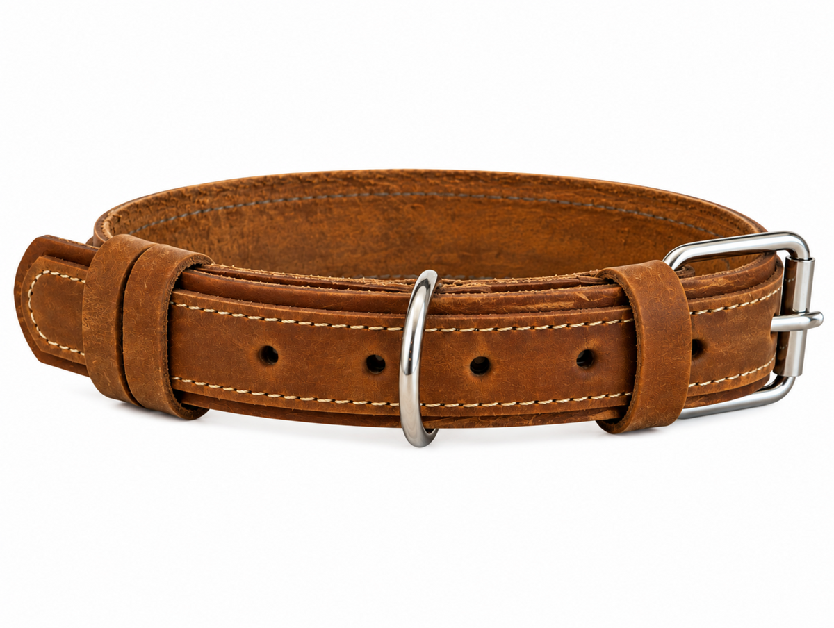 A brown leather dog collar with silver metal hardware, including a buckle, D-ring, and adjustment holes, shown on a plain white background.