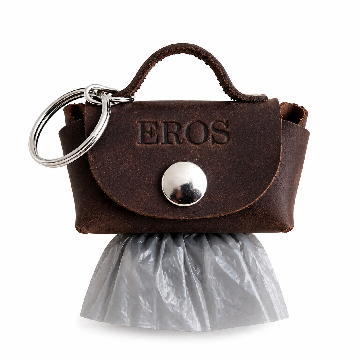Brown leather keychain with 'EROS' branding on a white background