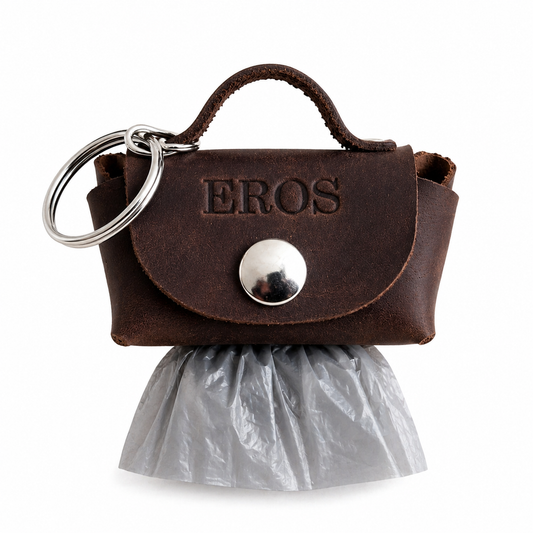 Brown leather keychain with 'EROS' branding on a white background