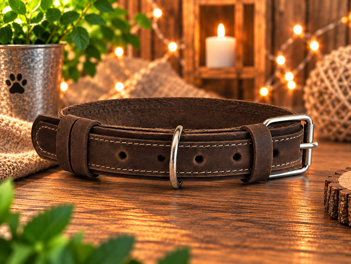 A dark brown leather dog collar with white contrast stitching and a silver metal buckle, displayed on a rustic wooden surface with warm bokeh background elements including a candle, string lights, and burlap.
