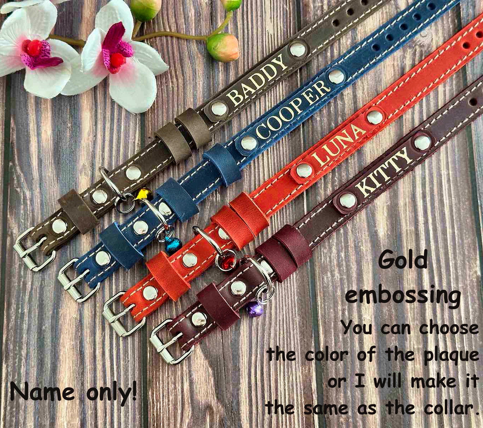 Adjustable personalized cat collar made from soft leather with strong stitching. Custom name engraving for added security.