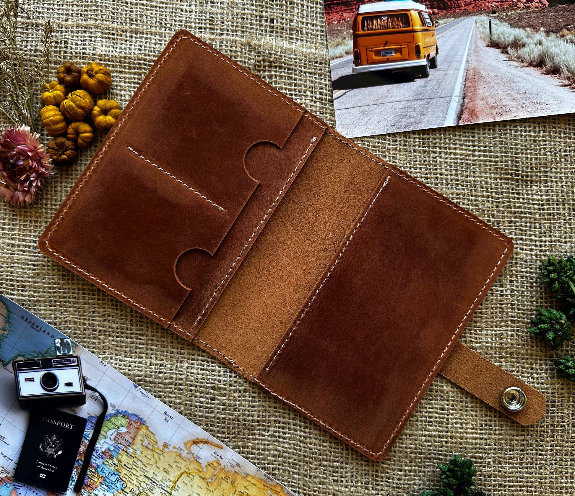 Brown leather passport wallet