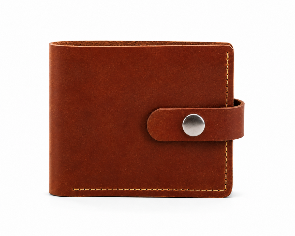 A cognac brown leather bifold wallet with a snap-button strap closure and light tan contrast stitching, shown on a plain white background.