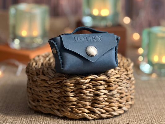 Custom leather dog waste bag holder with extra compartment for carrying treats