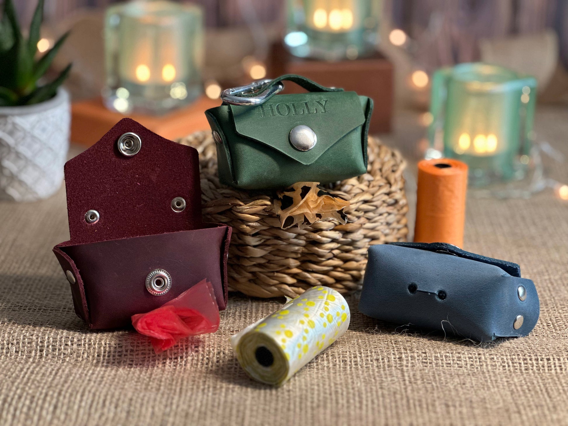 Custom leather poop bag holder featuring engraved initials for a personalized touch