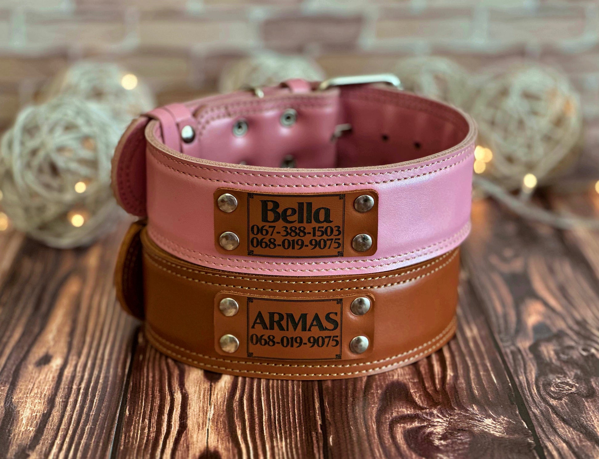 Custom heavy-duty wide leather dog collar, 2-inch wide, with personalized engraving for style and durability.