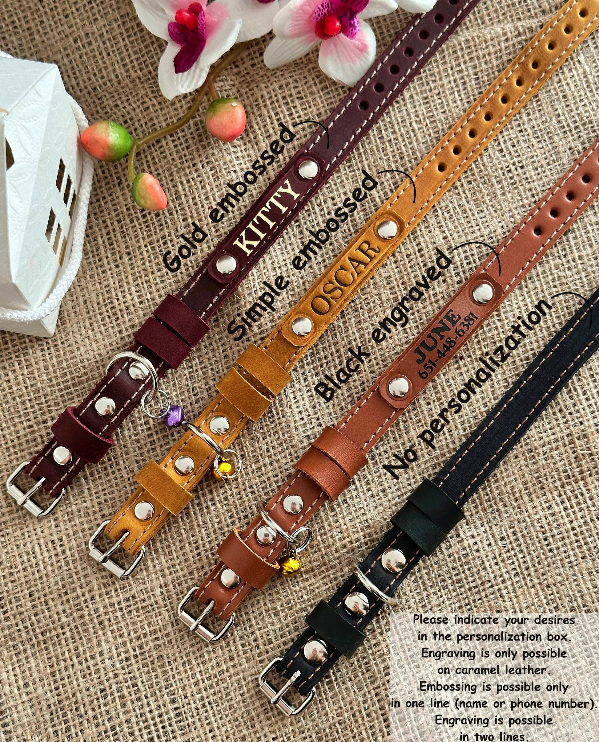 Cute leather kitten collar with engraved name, adjustable for a perfect fit.