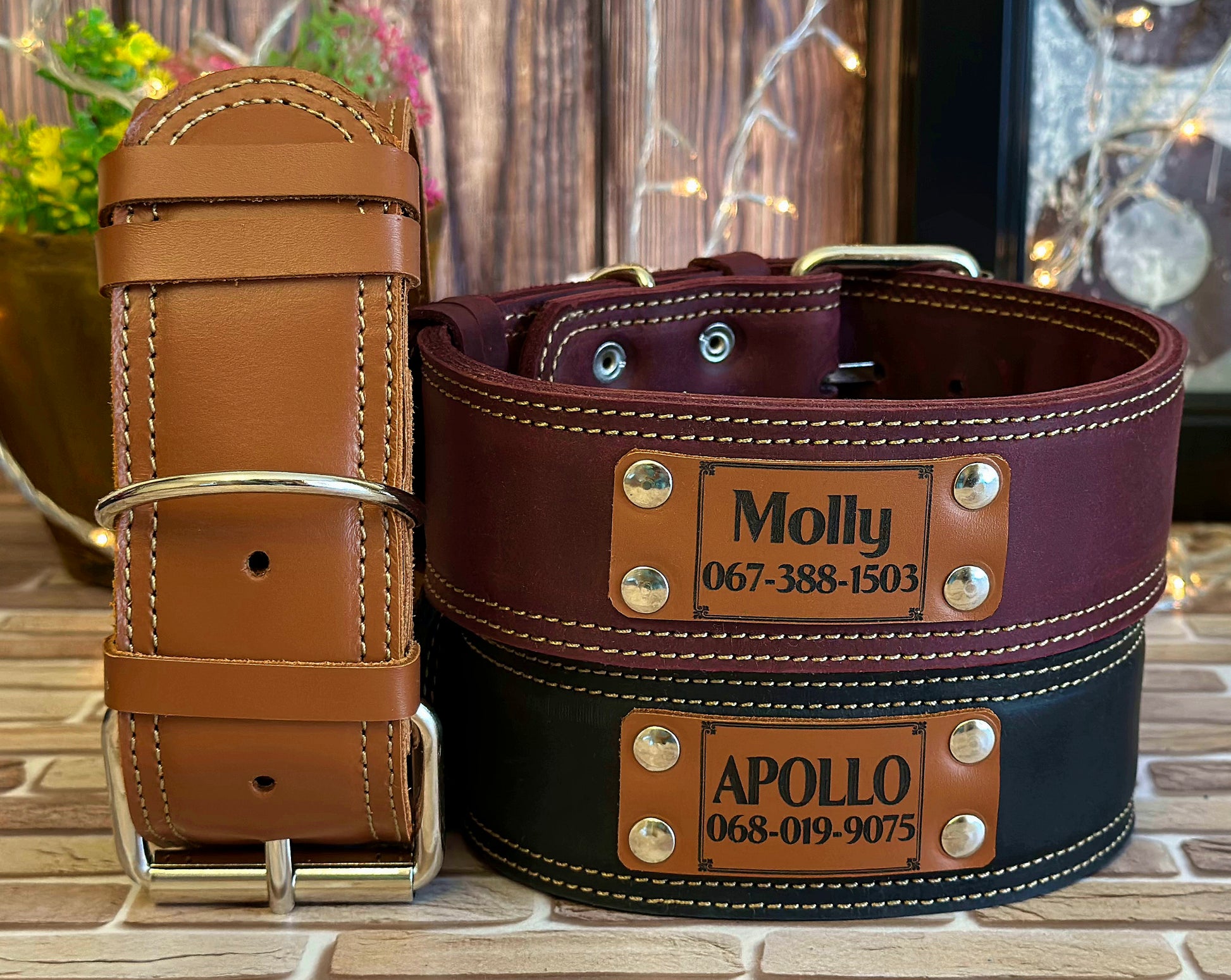 Custom personalized leather dog collars, made with care to ensure both durability and a perfect fit for your pet.