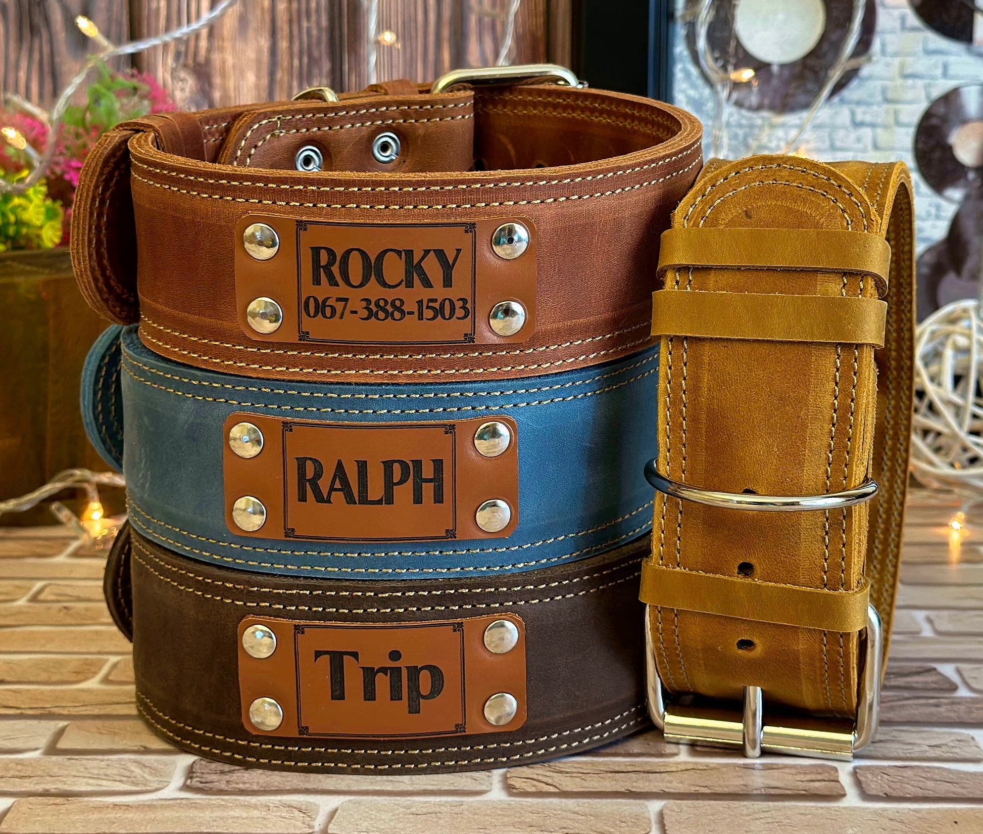 Cute engraved custom leather dog collar, perfect for small to medium-sized dogs, personalized with your pet’s details.