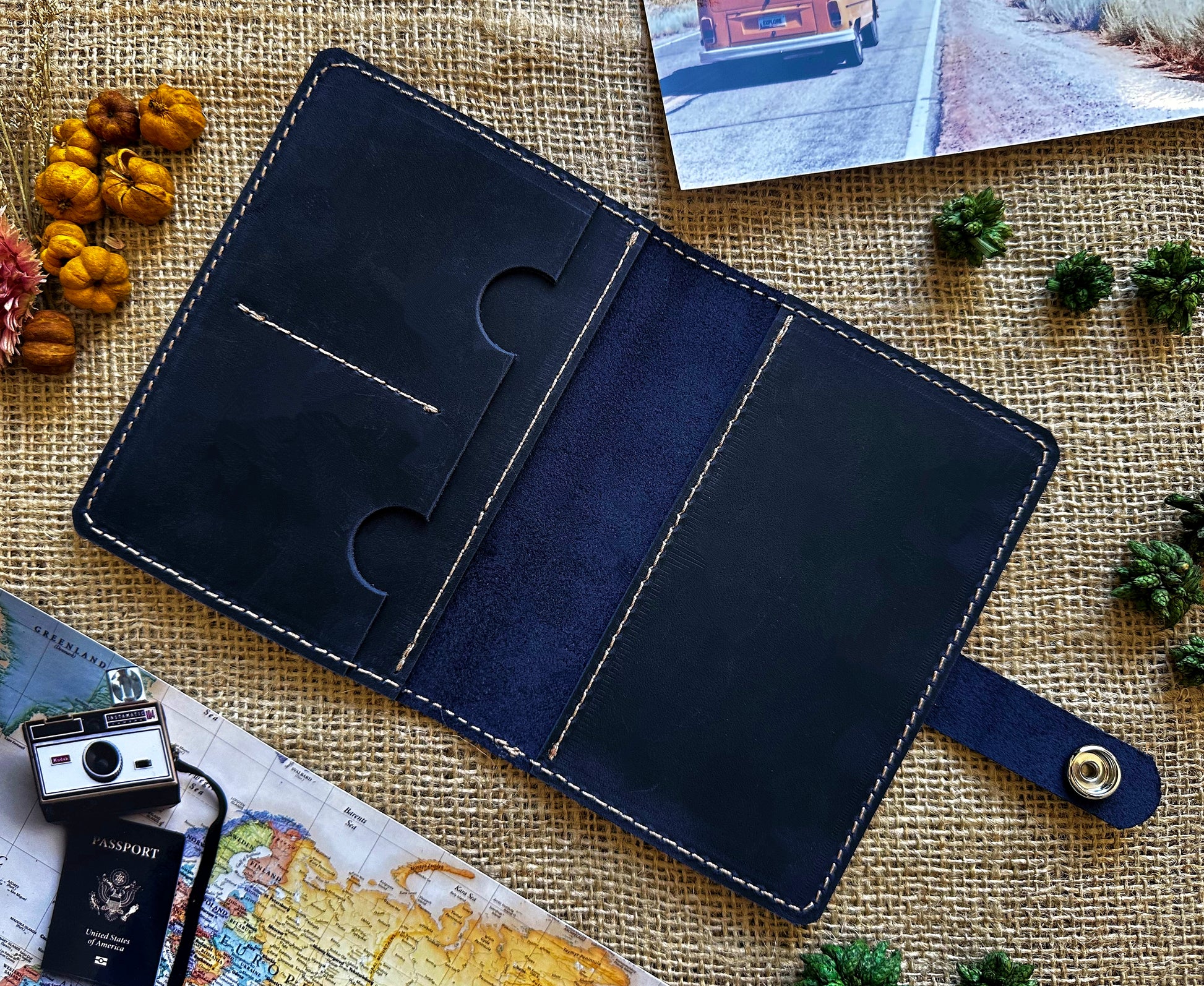 Dark blue leather passport wallet