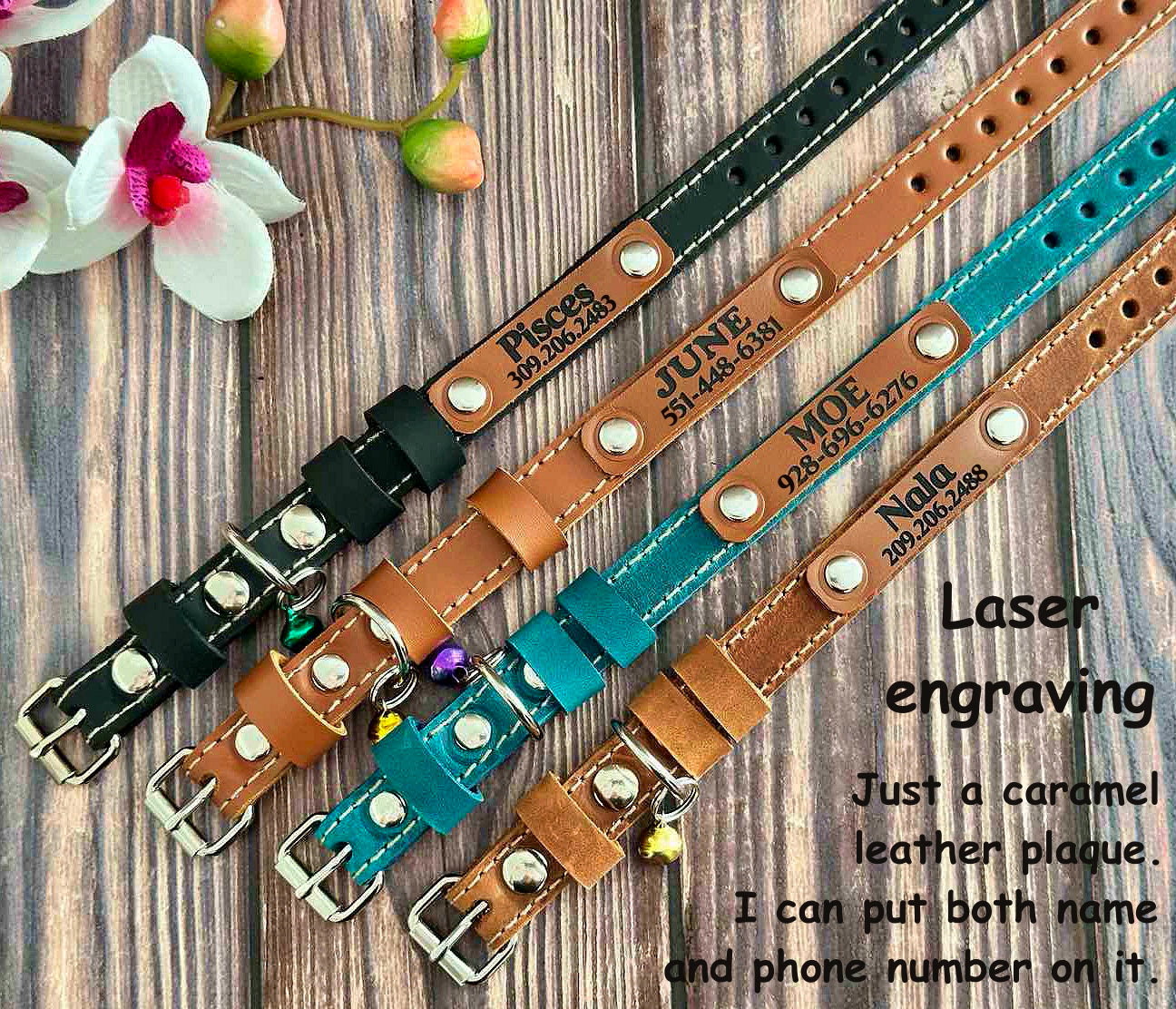Durable leather kitten collar with a customized nameplate. Lightweight and soft for the perfect fit.