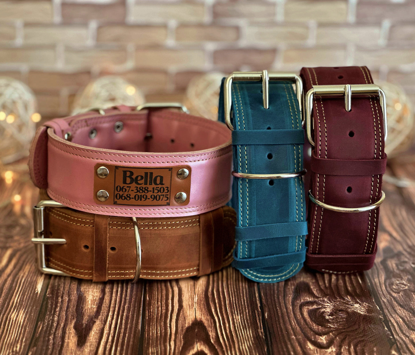Durable wide 2-inch leather dog collar with a personalized nameplate, providing extra comfort and strength for your dog.