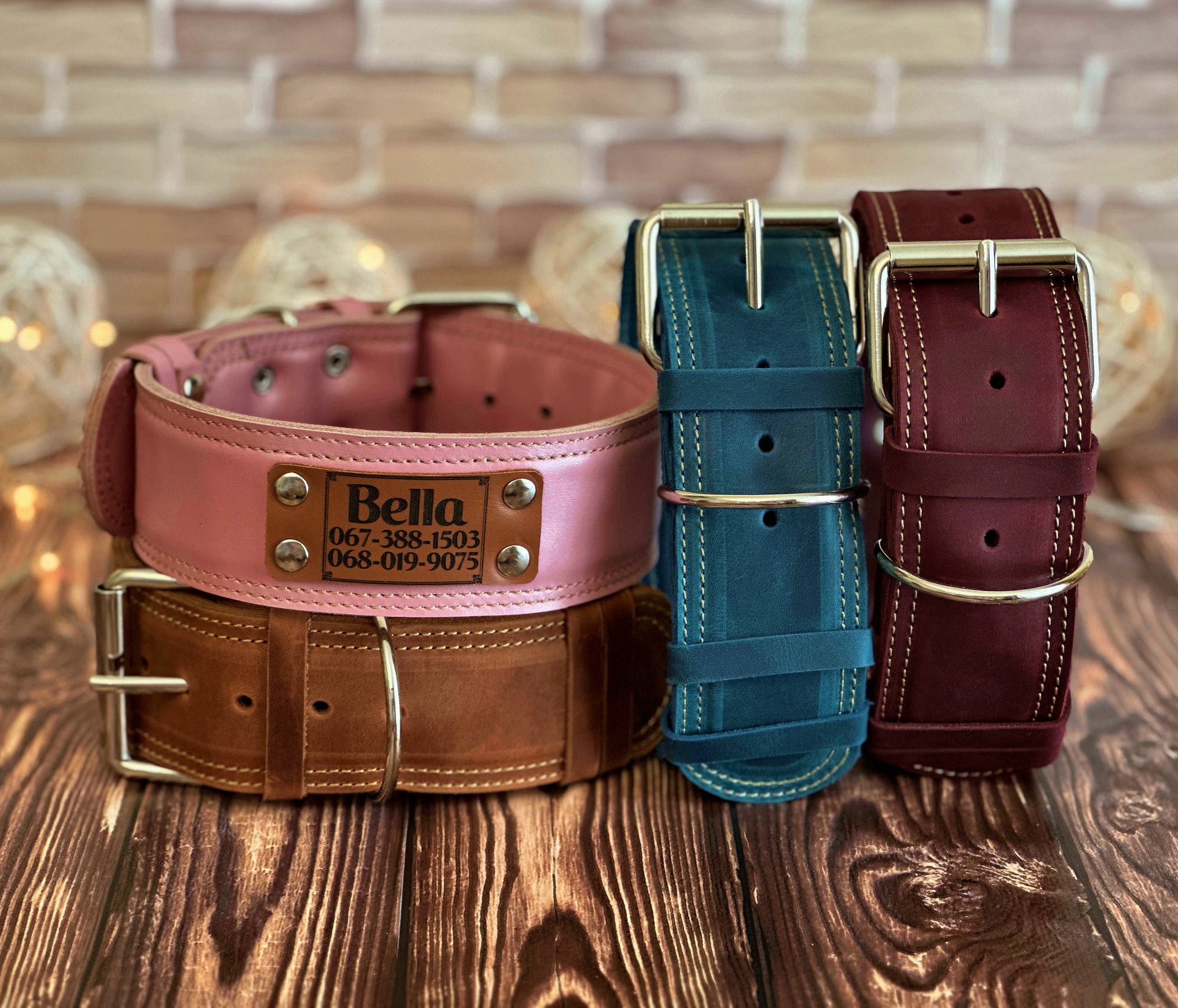 Durable wide 2-inch leather dog collar with a personalized nameplate, providing extra comfort and strength for your dog.