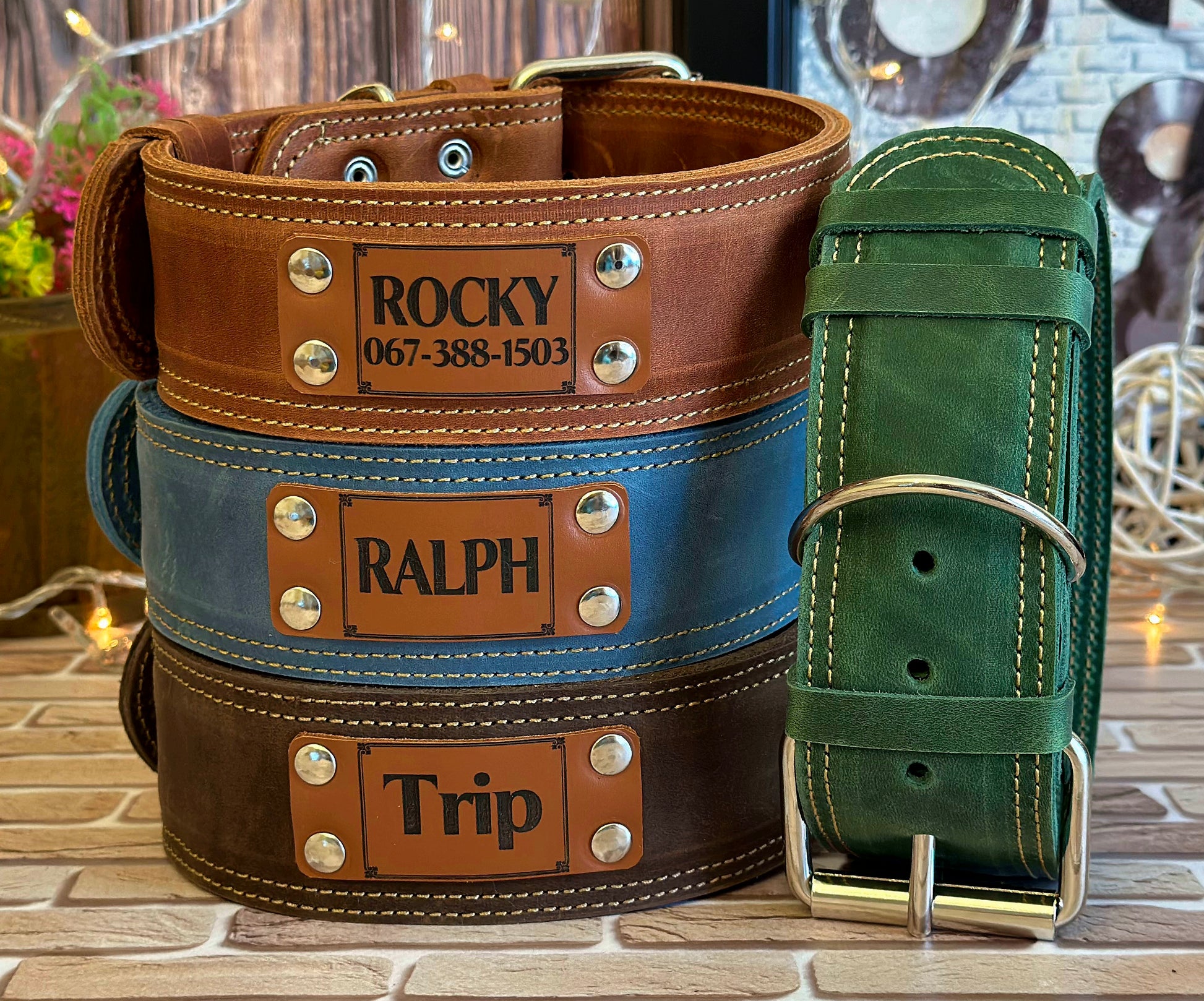 Elegant engraved leather dog collar, designed for both style and comfort with personalized engraving options.