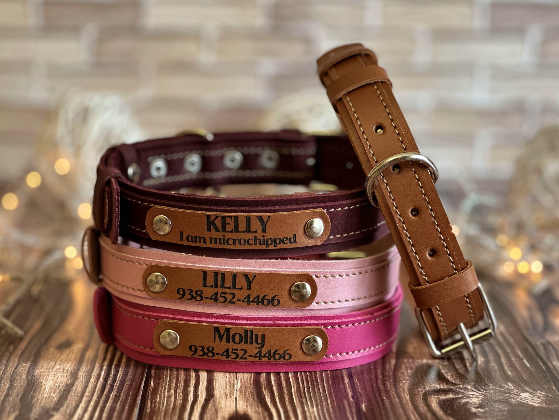Side view of engraved leather collar showing fine stitching