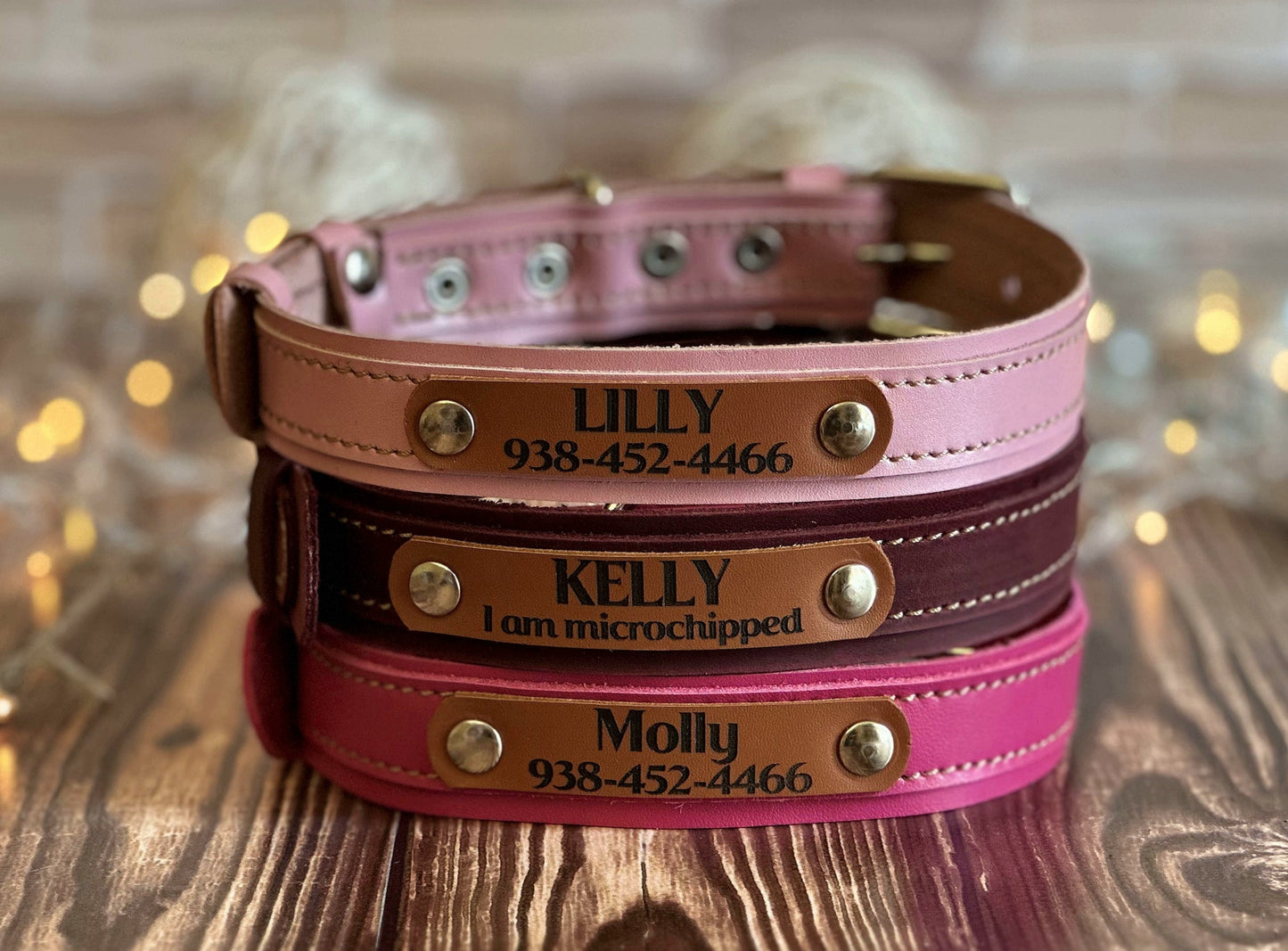 Soft pink leather dog collar with custom engraved nameplate