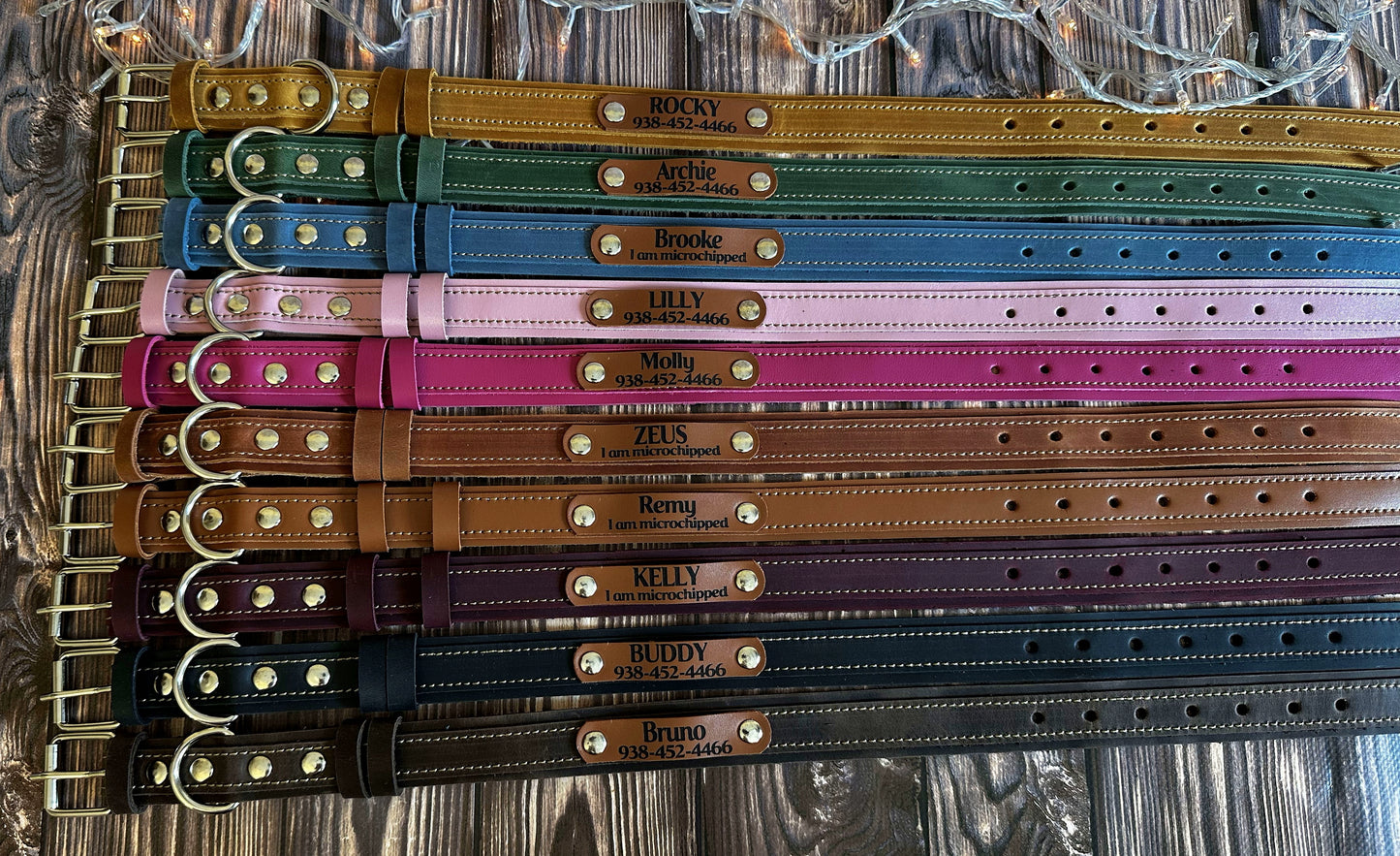 Personalized leather collar with engraved name and phone number
