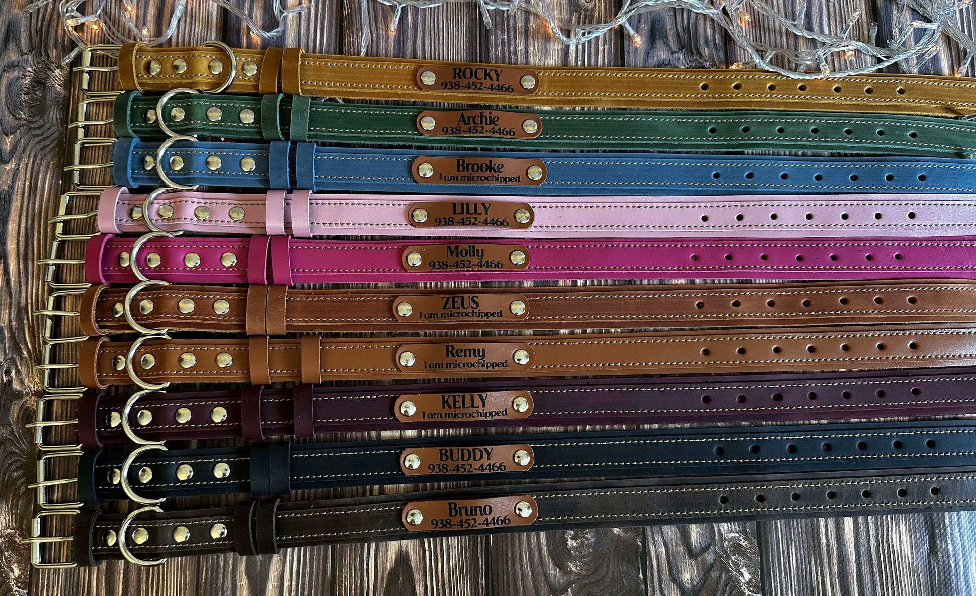 Personalized leather collar with engraved name and phone number