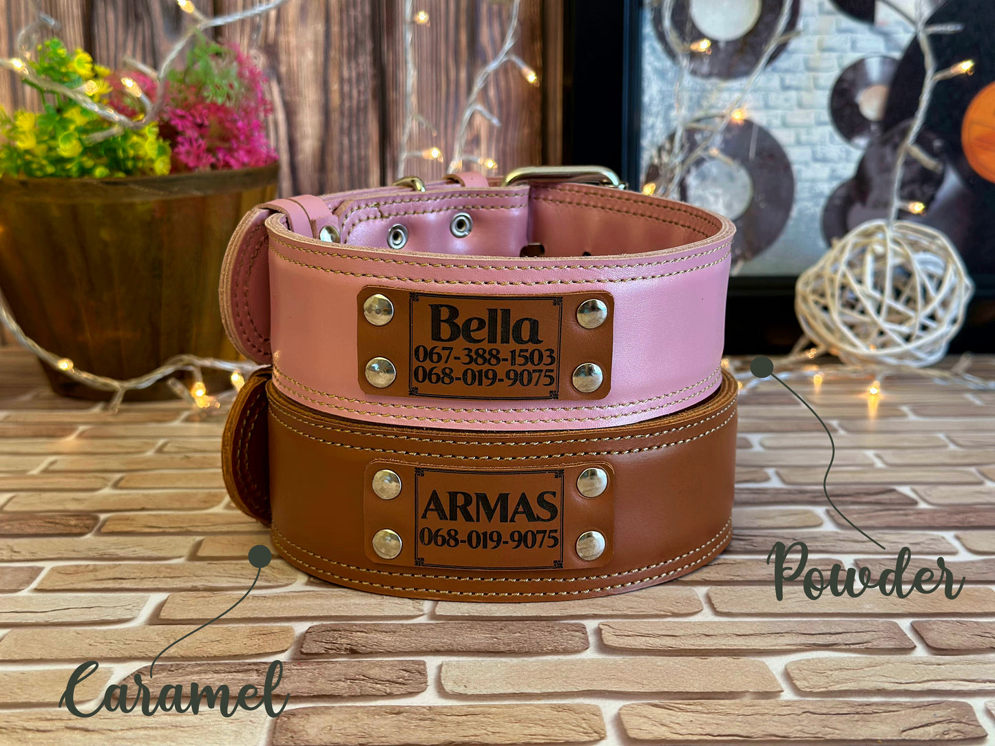 Engraved custom leather dog collars, ideal for personalized identification and crafted from durable leather.