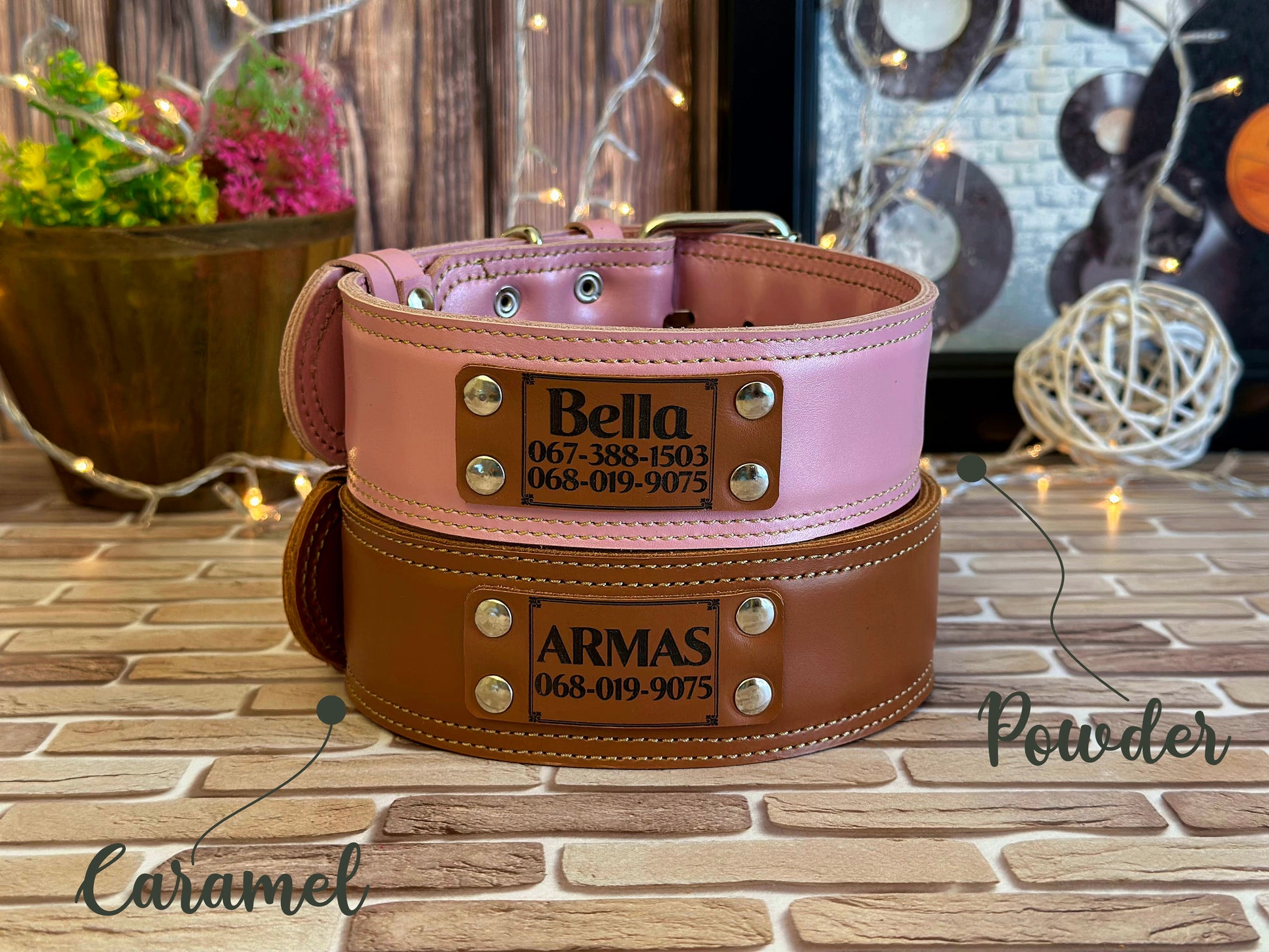 Engraved custom leather dog collars, ideal for personalized identification and crafted from durable leather.
