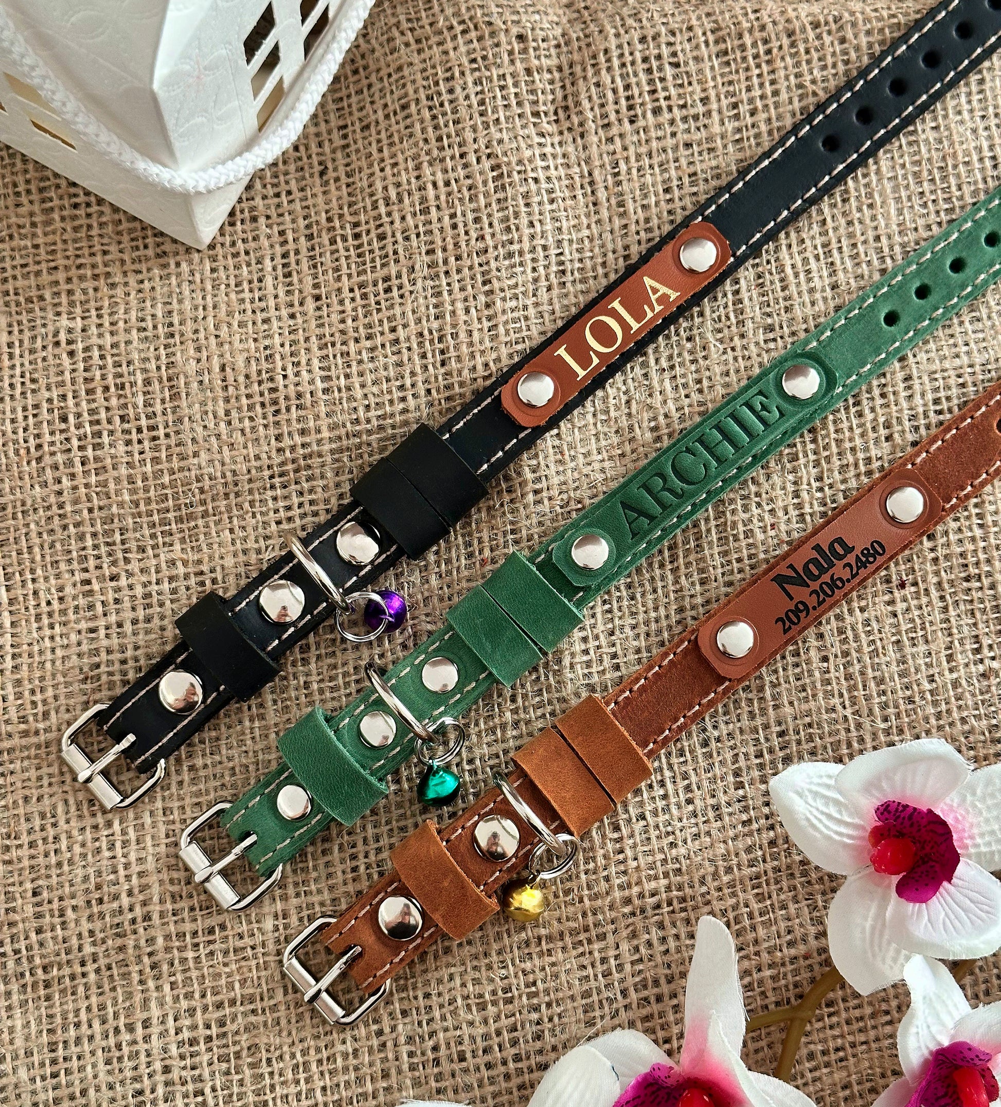 Custom cat collar with name tag, high-quality leather and elegant design.