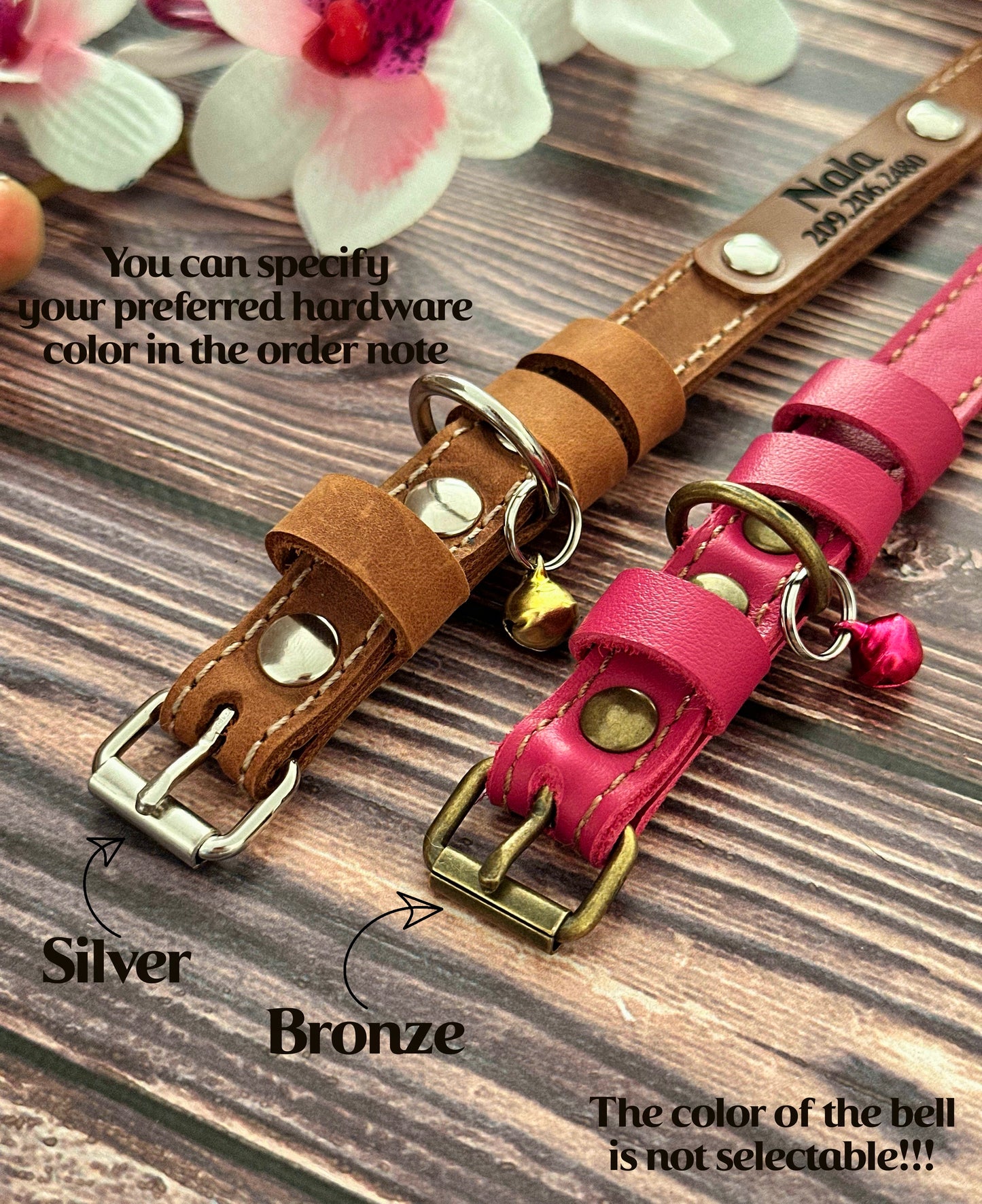 Handcrafted leather cat collar with custom engraving, offering a secure and stylish option for your pet.
