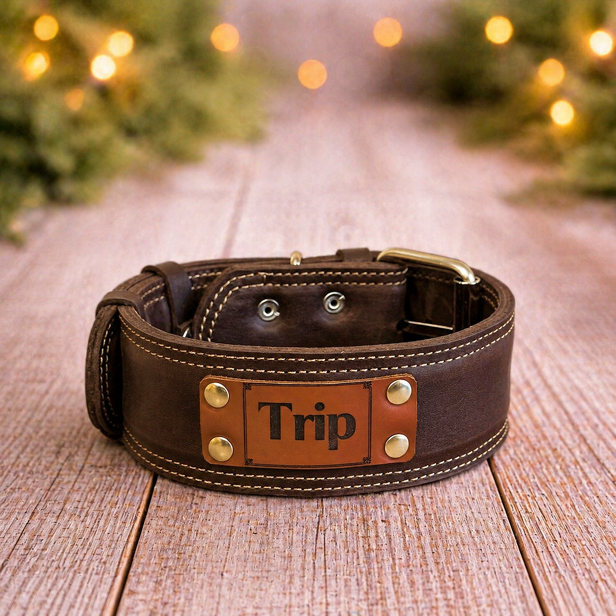 Brown leather dog collar with a nameplate on a wooden surface