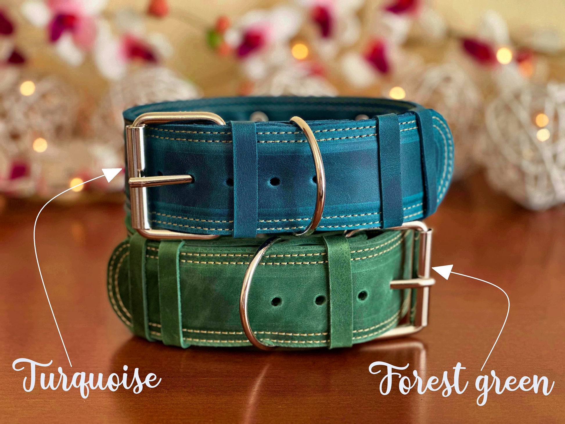 Sturdy 2-inch leather dog collar with heavy-duty stitching and personalized nameplate for added durability and style.