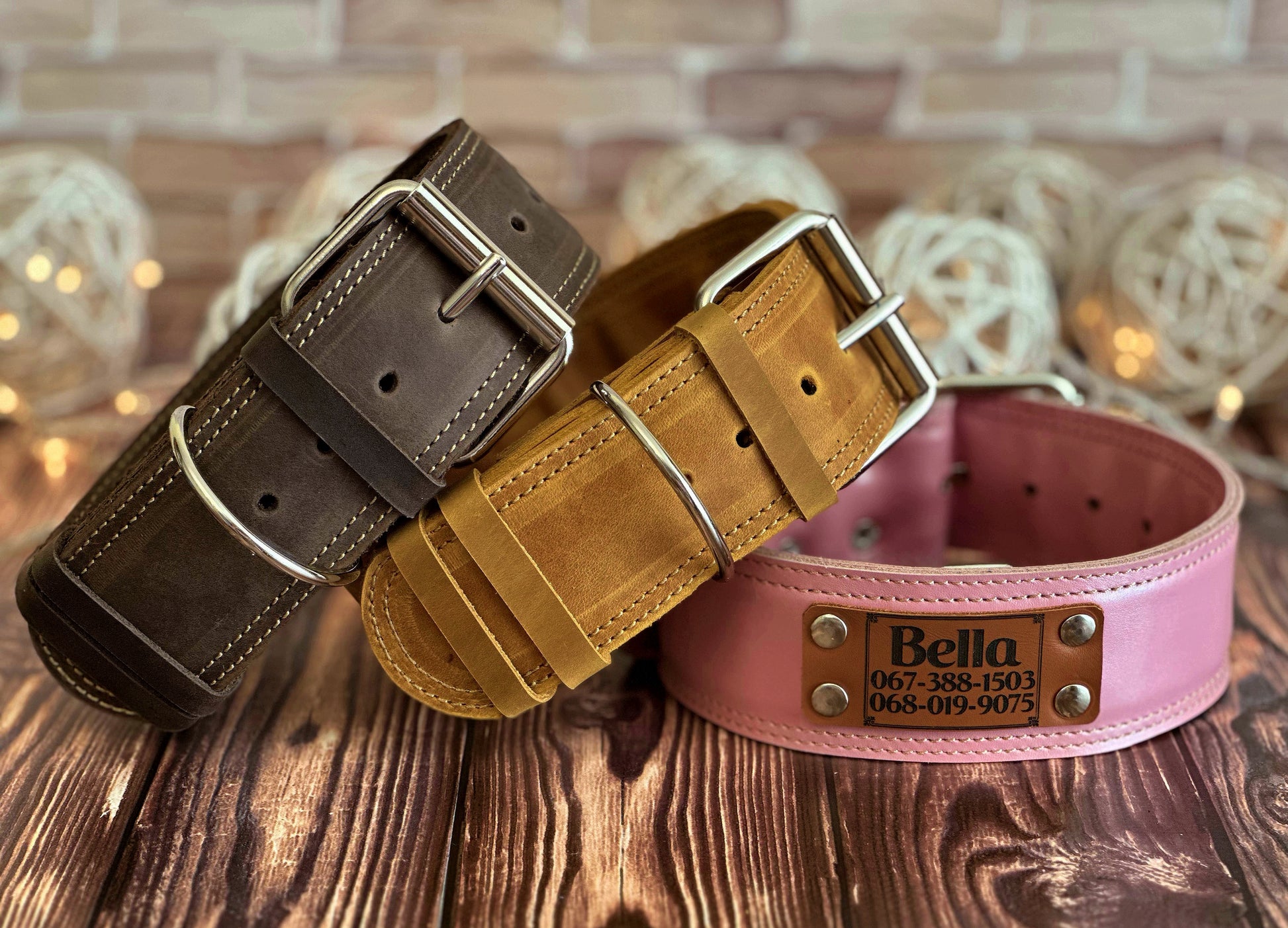 Heavy and sturdy 2-inch wide leather dog collar, with a personalized nameplate for added identification and style.