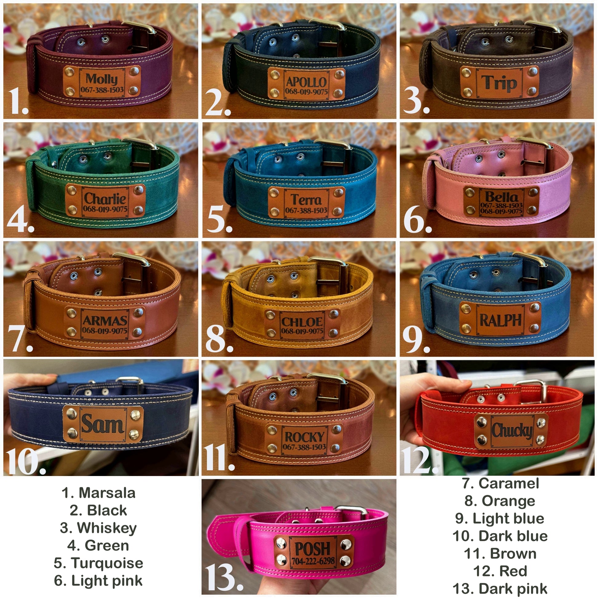 Heavy-duty 2-inch wide leather dog collars with custom engraving, perfect for training and everyday wear.