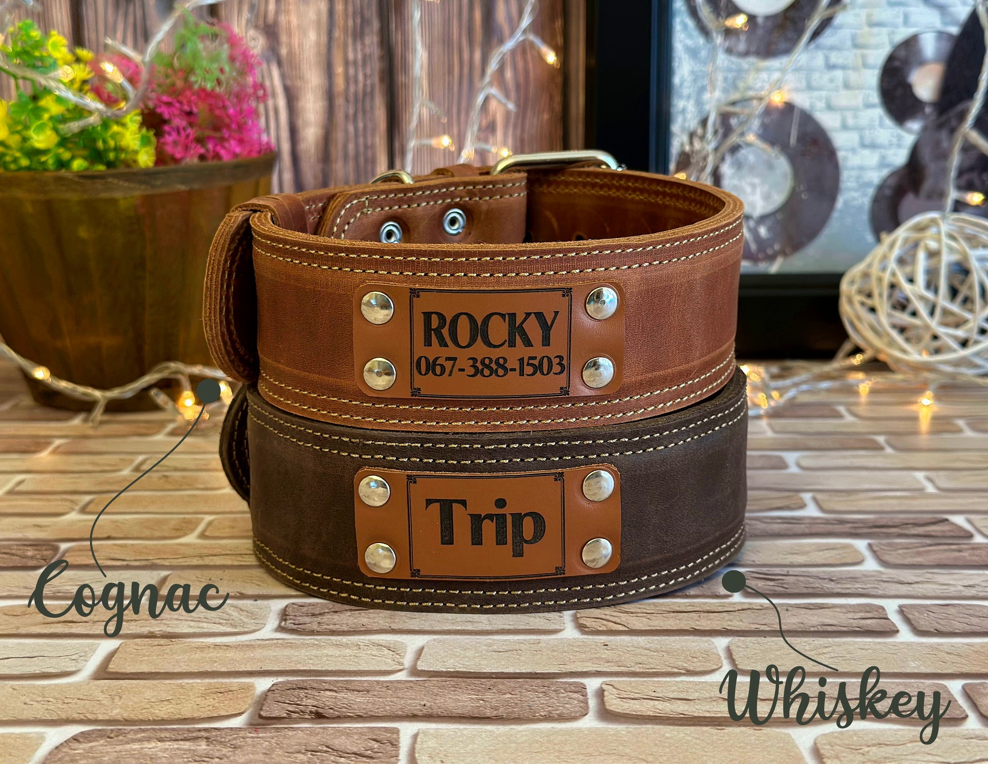 High-quality personalized leather dog collar, custom engraved with your pet’s name or other details for a unique and secure fit.