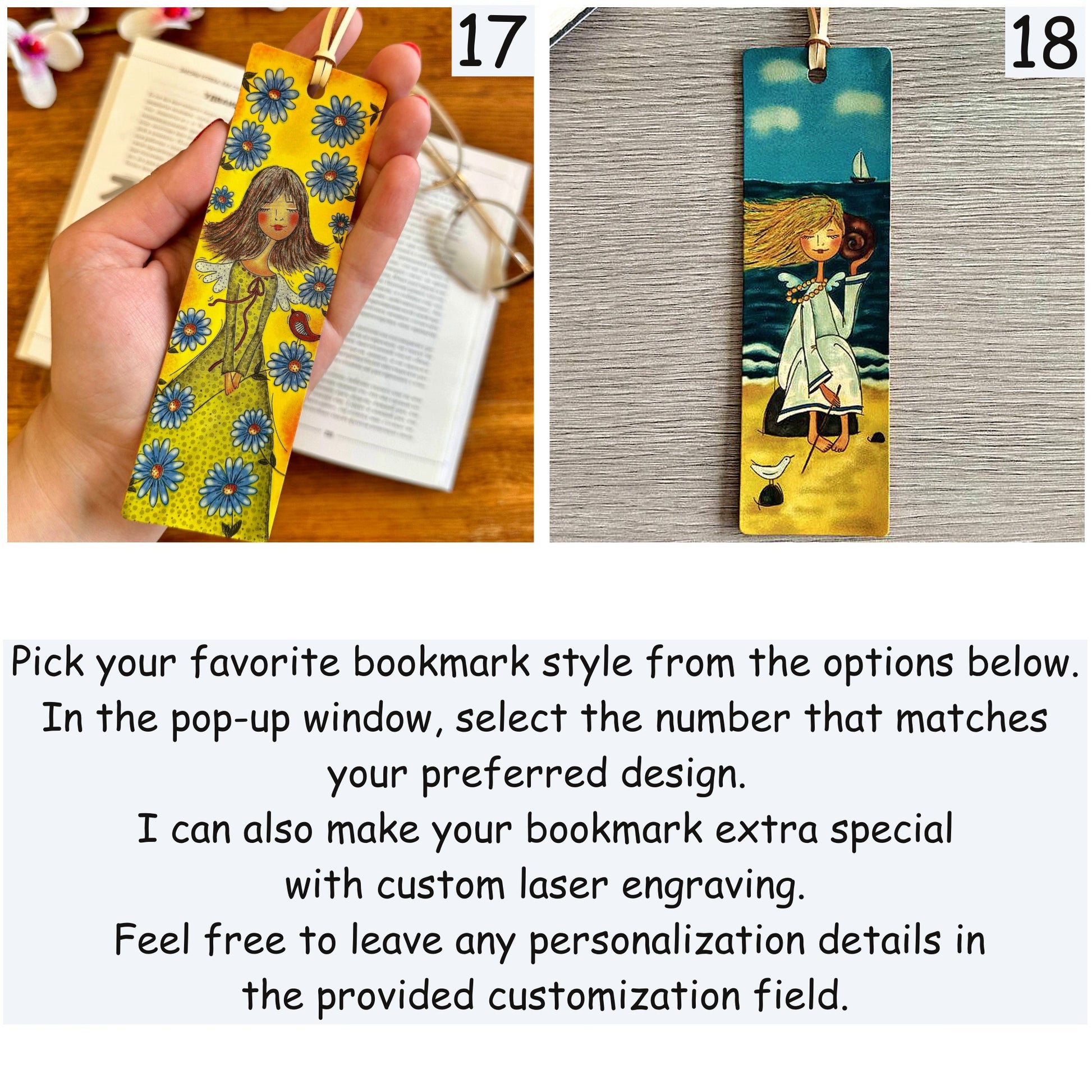 Front view of the leather bookmark featuring a delicate floral print, highlighting its intricate design