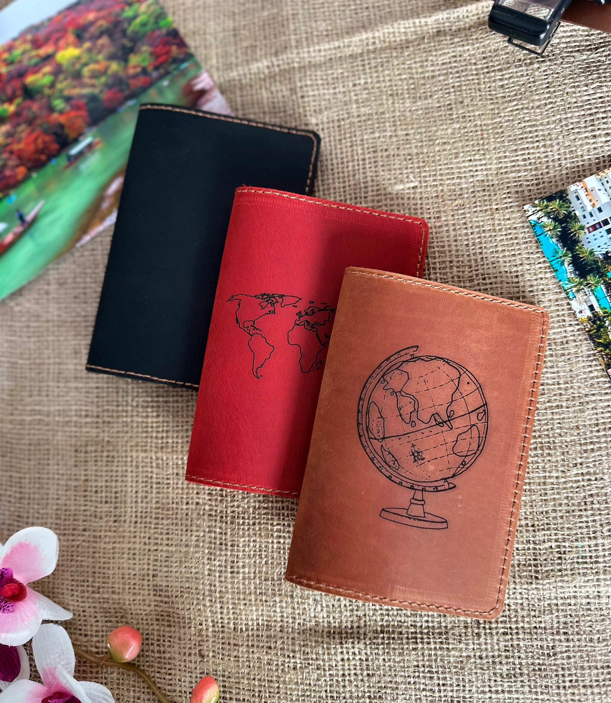 Open leather passport cover with card slots and passport