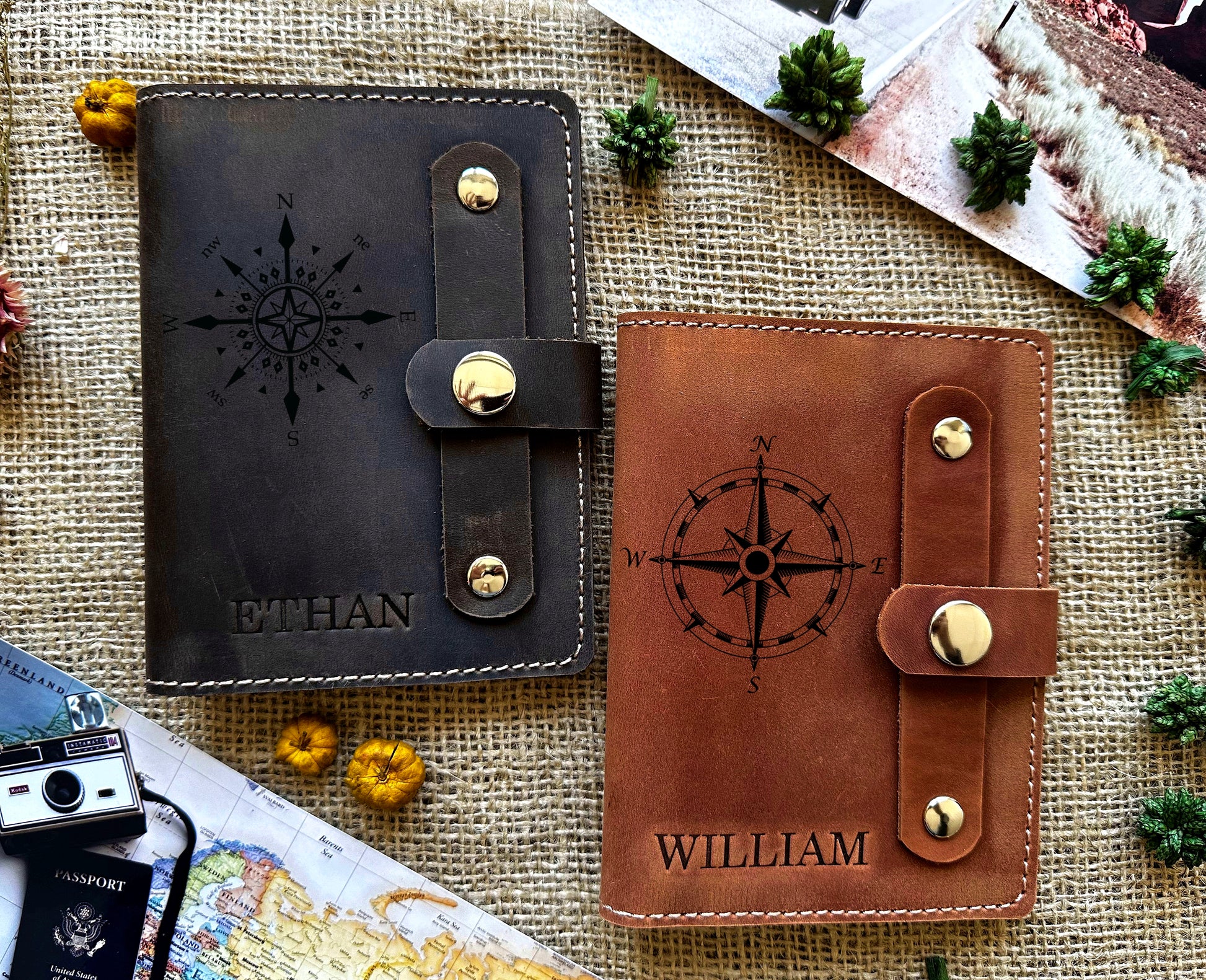 Side view of closed leather passport wallet showing thickness and finish