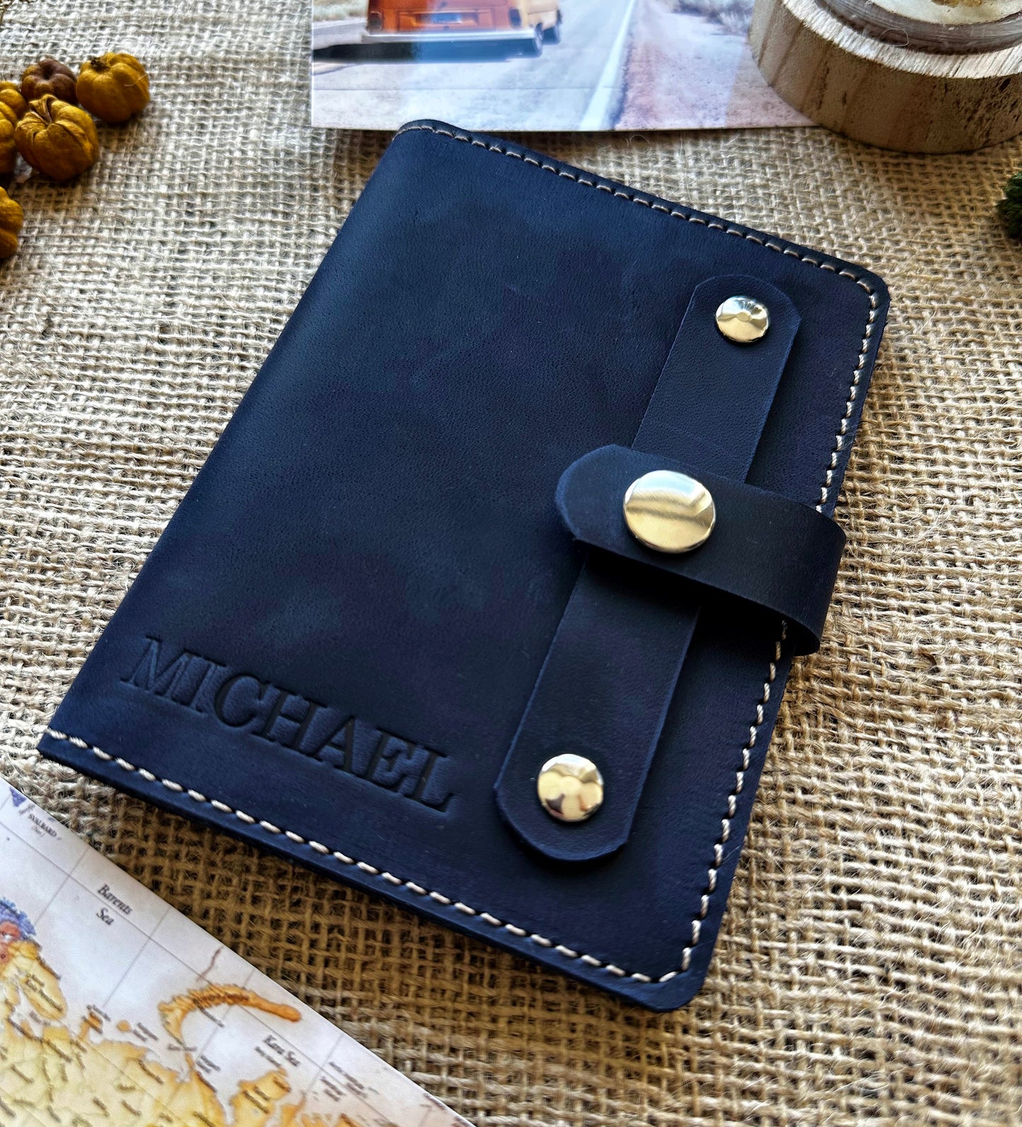 Leather passport wallet dark blue