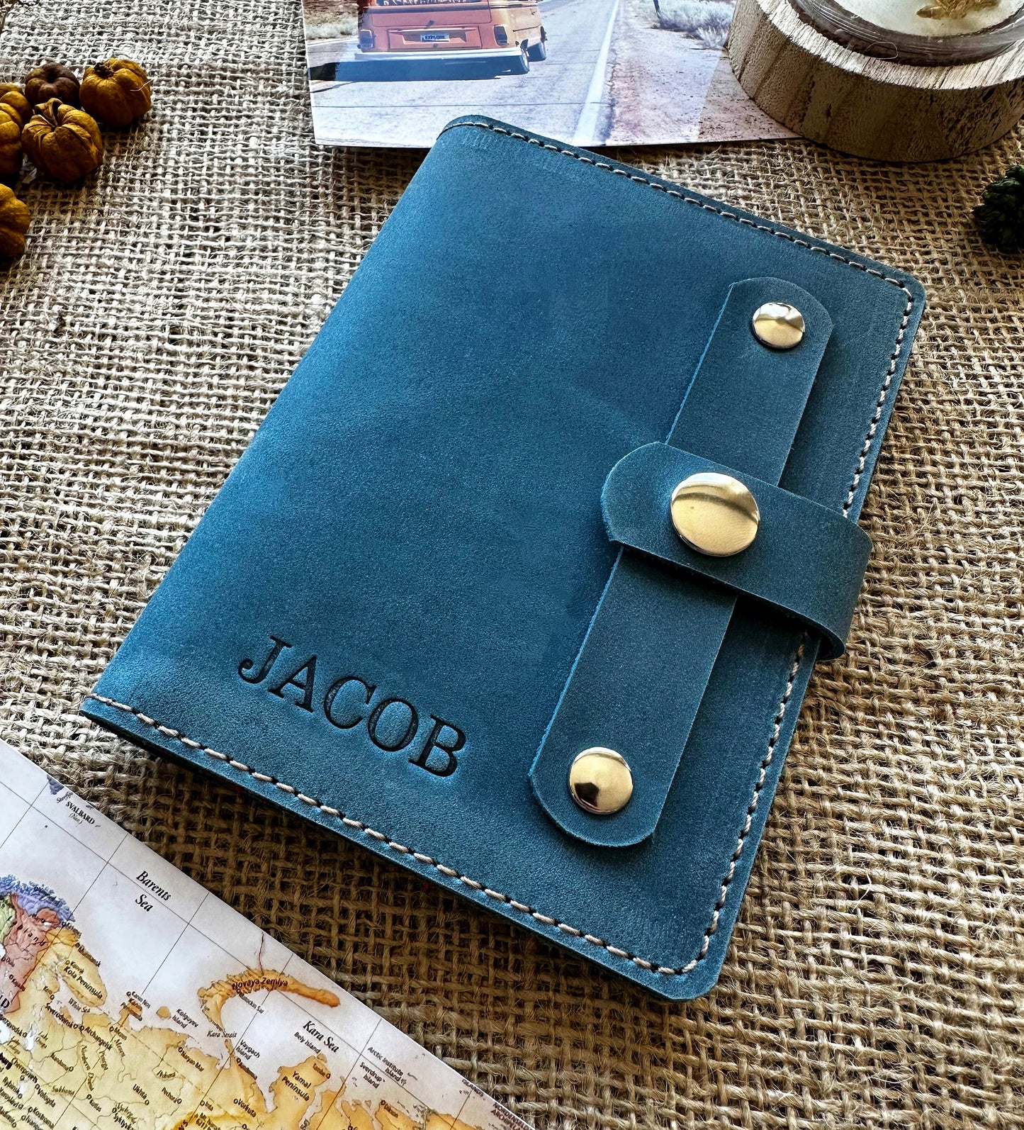 Leather passport wallet light blue