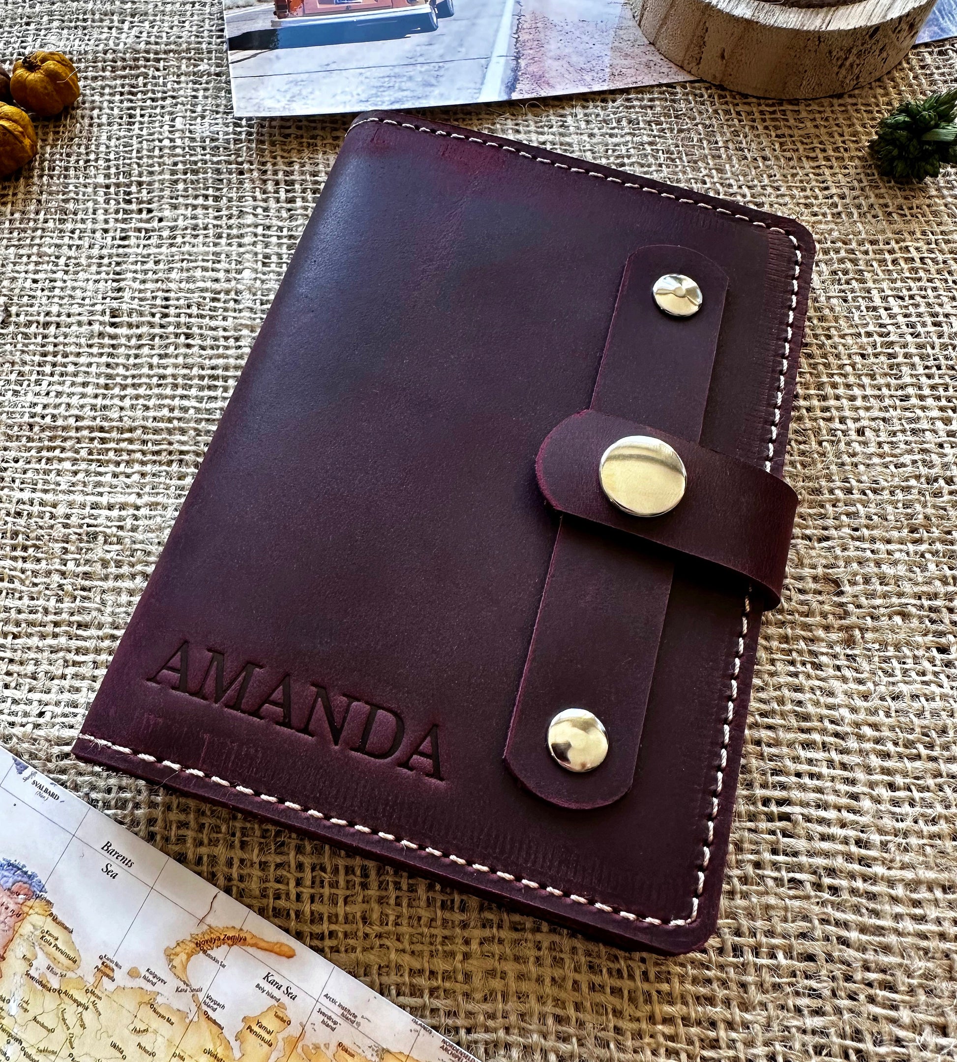 Leather passport wallet marsala