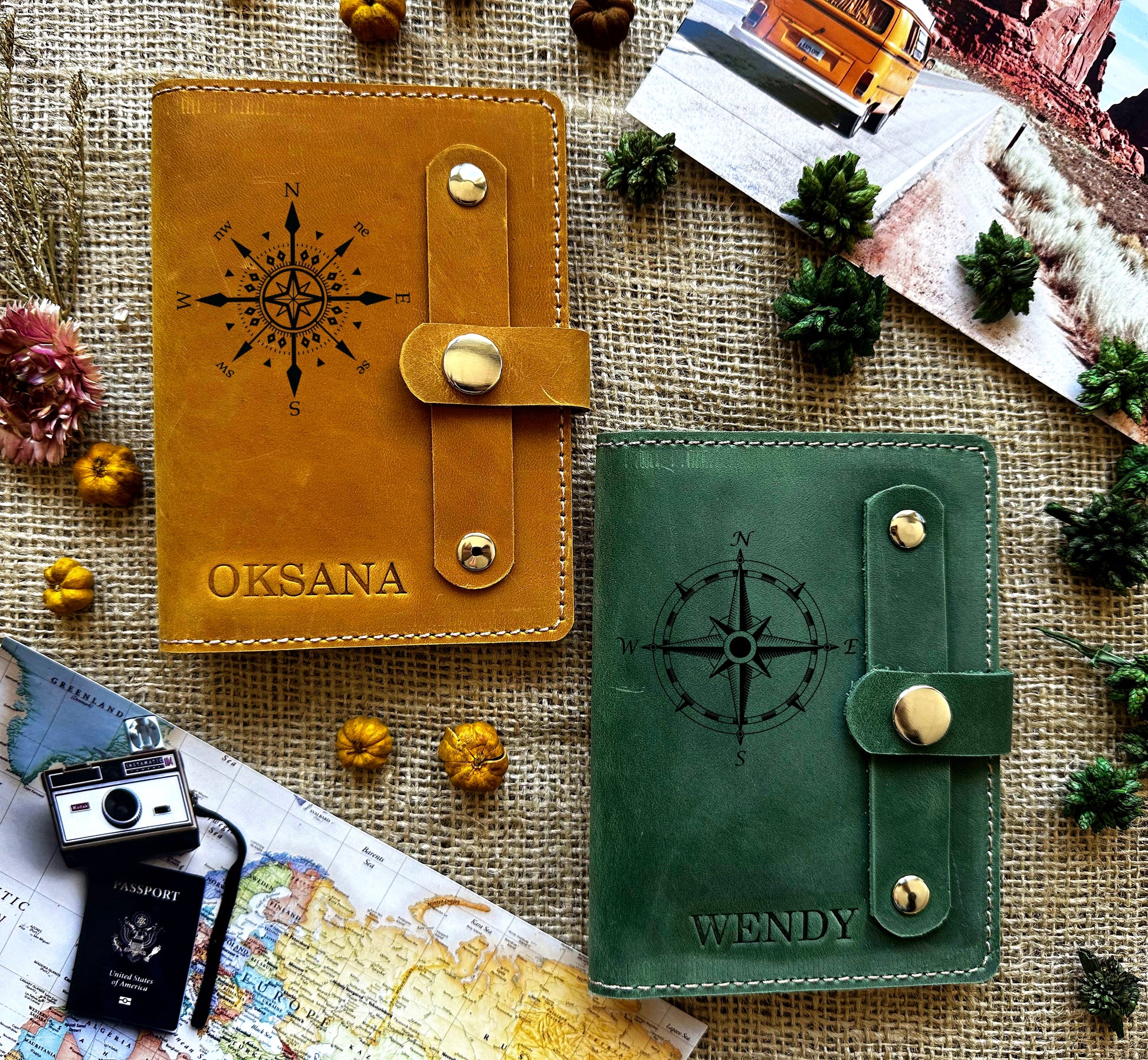 Open leather passport wallet showing slots for cards, passport, and cash