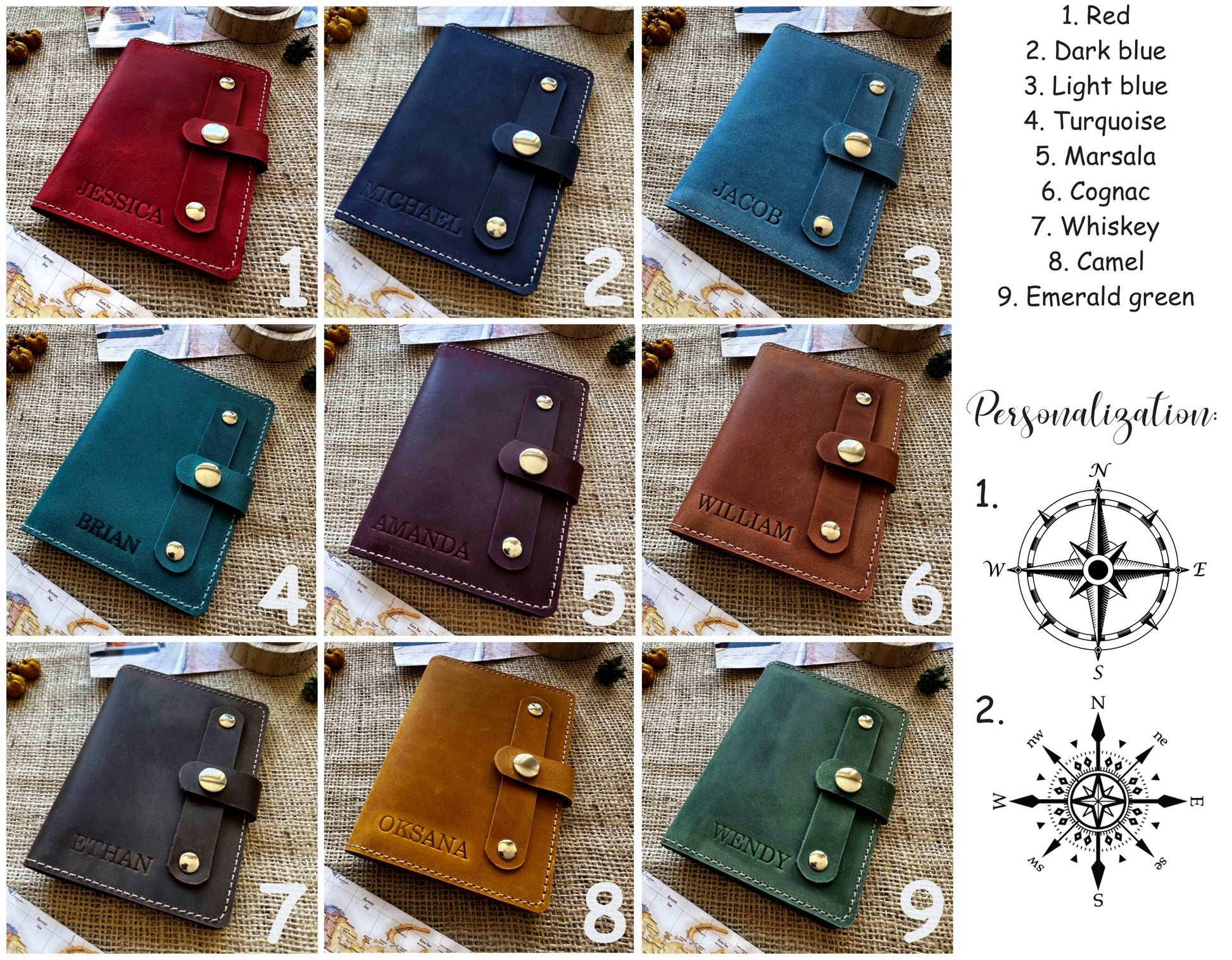 Custom leather passport wallet with initials embossed on the cover