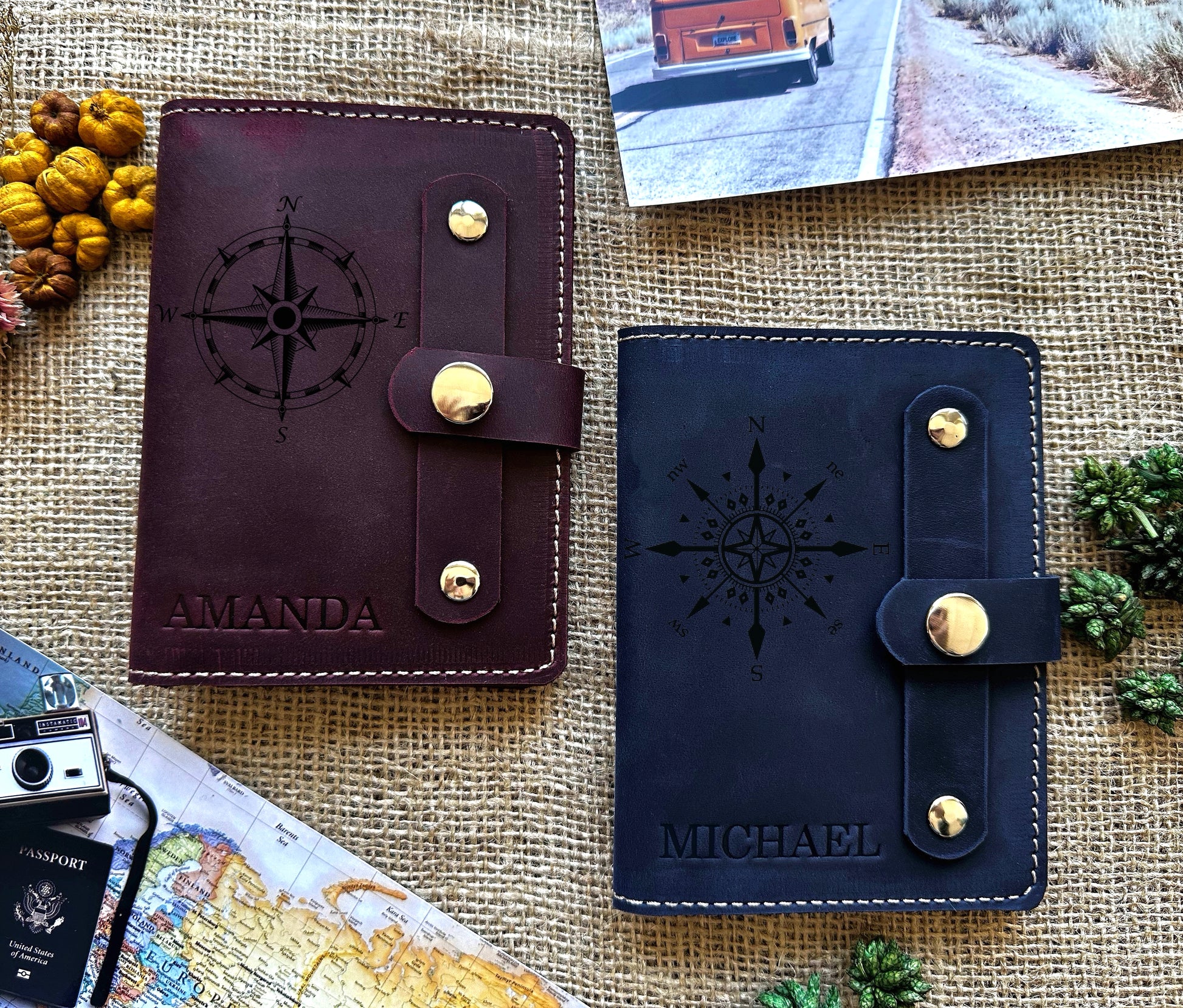 Leather passport wallet placed with travel essentials like boarding pass and pen