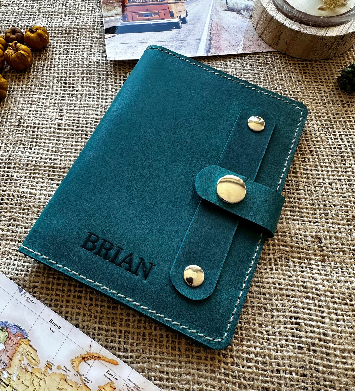 Leather passport wallet turquoise