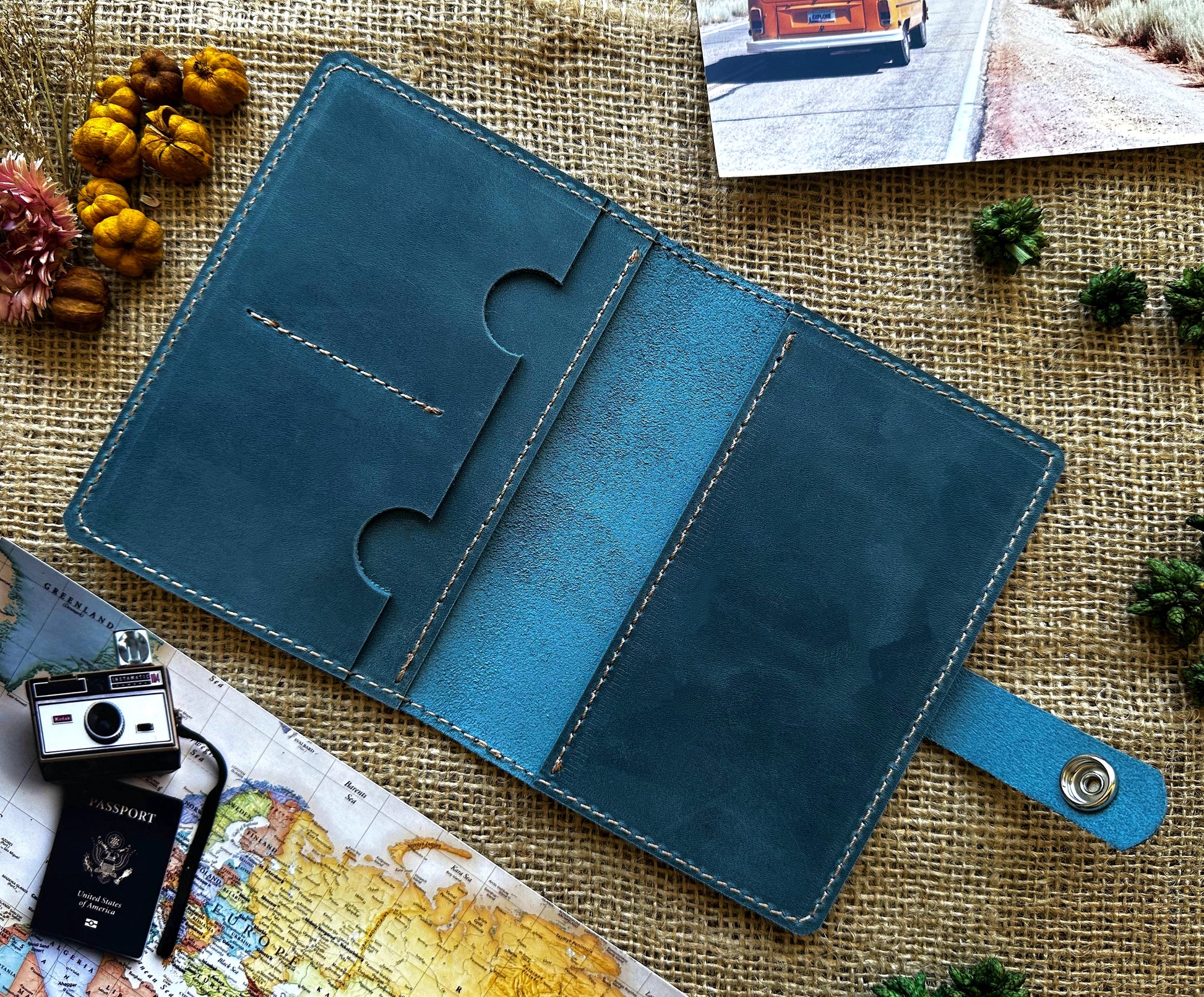 Light blue leather passport wallet
