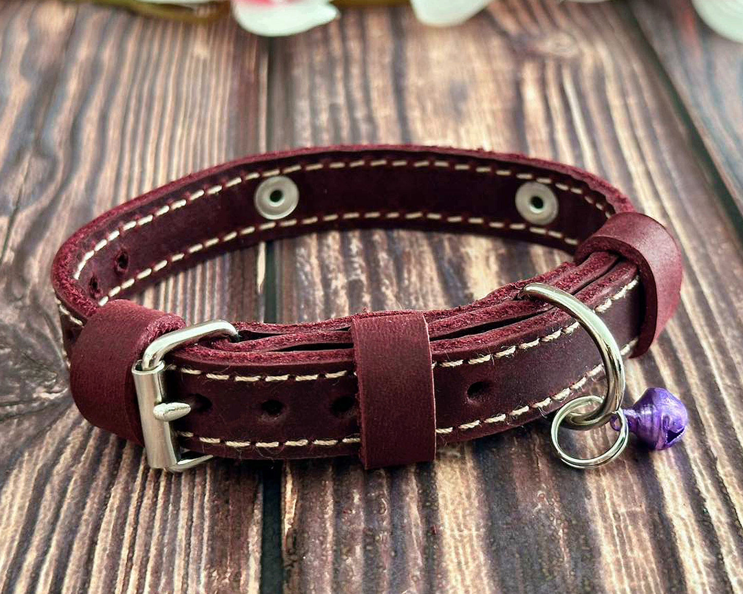 Custom leather cat collar with engraved nameplate, soft and durable for everyday wear.