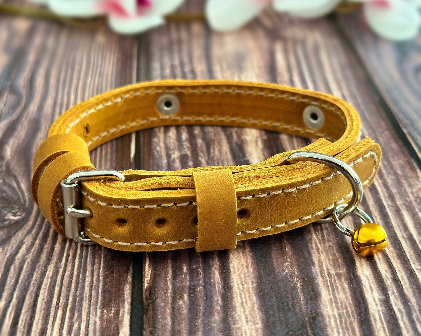 High-quality leather cat collar with a secure buckle and personalized engraving.






