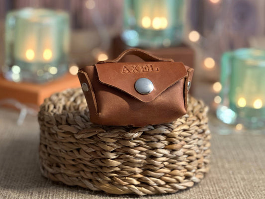 Custom engraved leather dog poop bag dispenser with personalization option