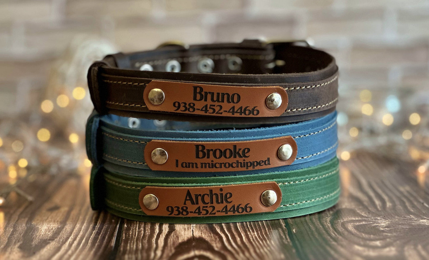 Elegant black leather dog collar with custom engraving