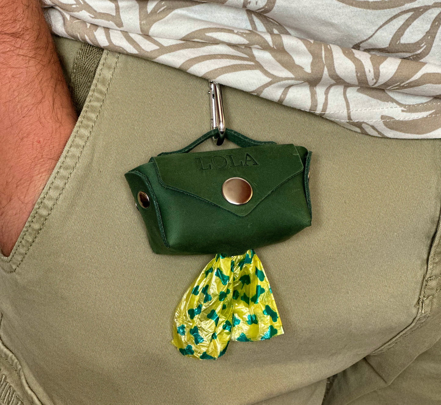 Personalized leather poop bag dispenser with custom engraving, perfect for stylish dog owners