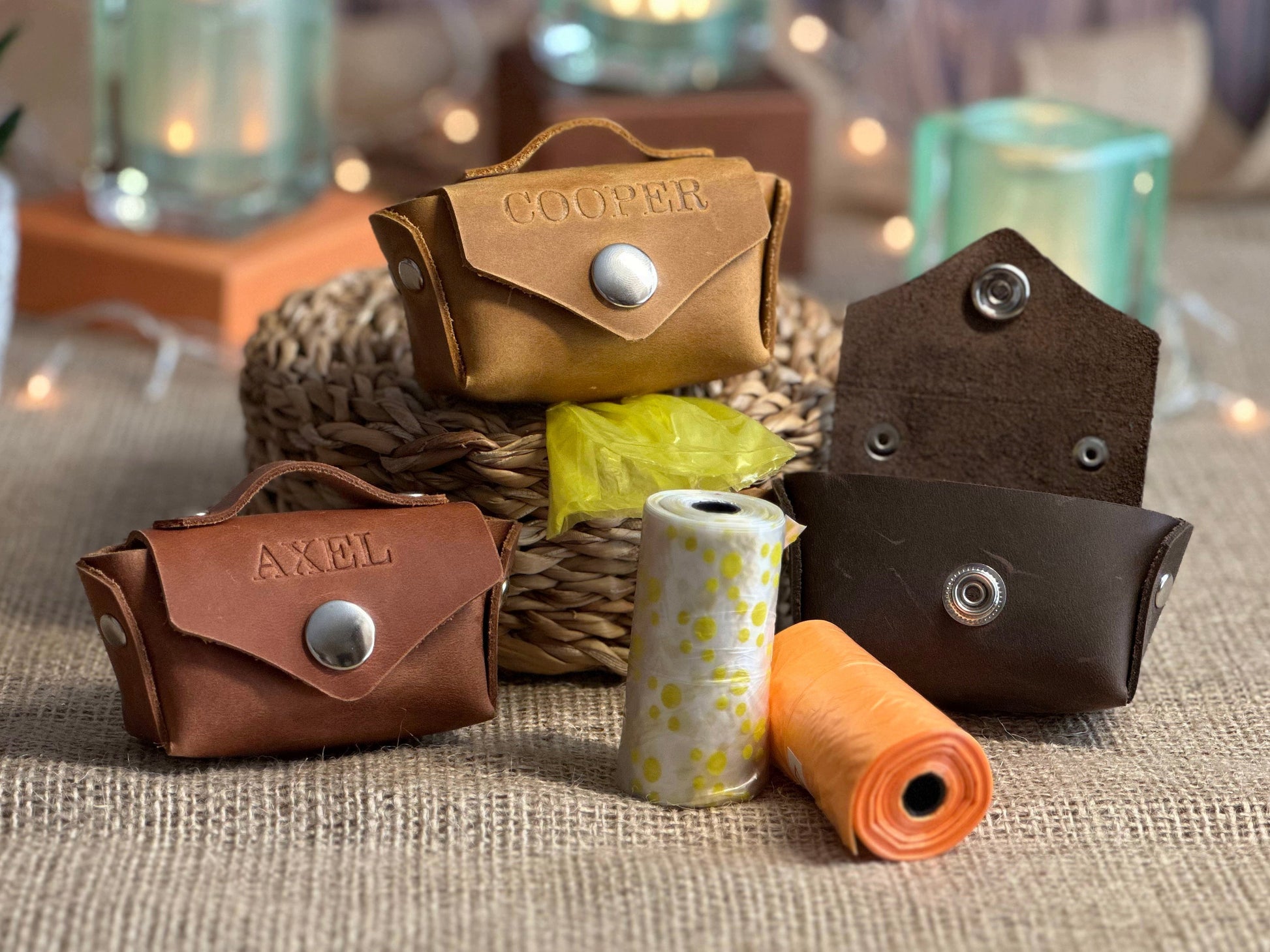 Personalized leather poop bag dispenser designed for dog walks with custom engraving options