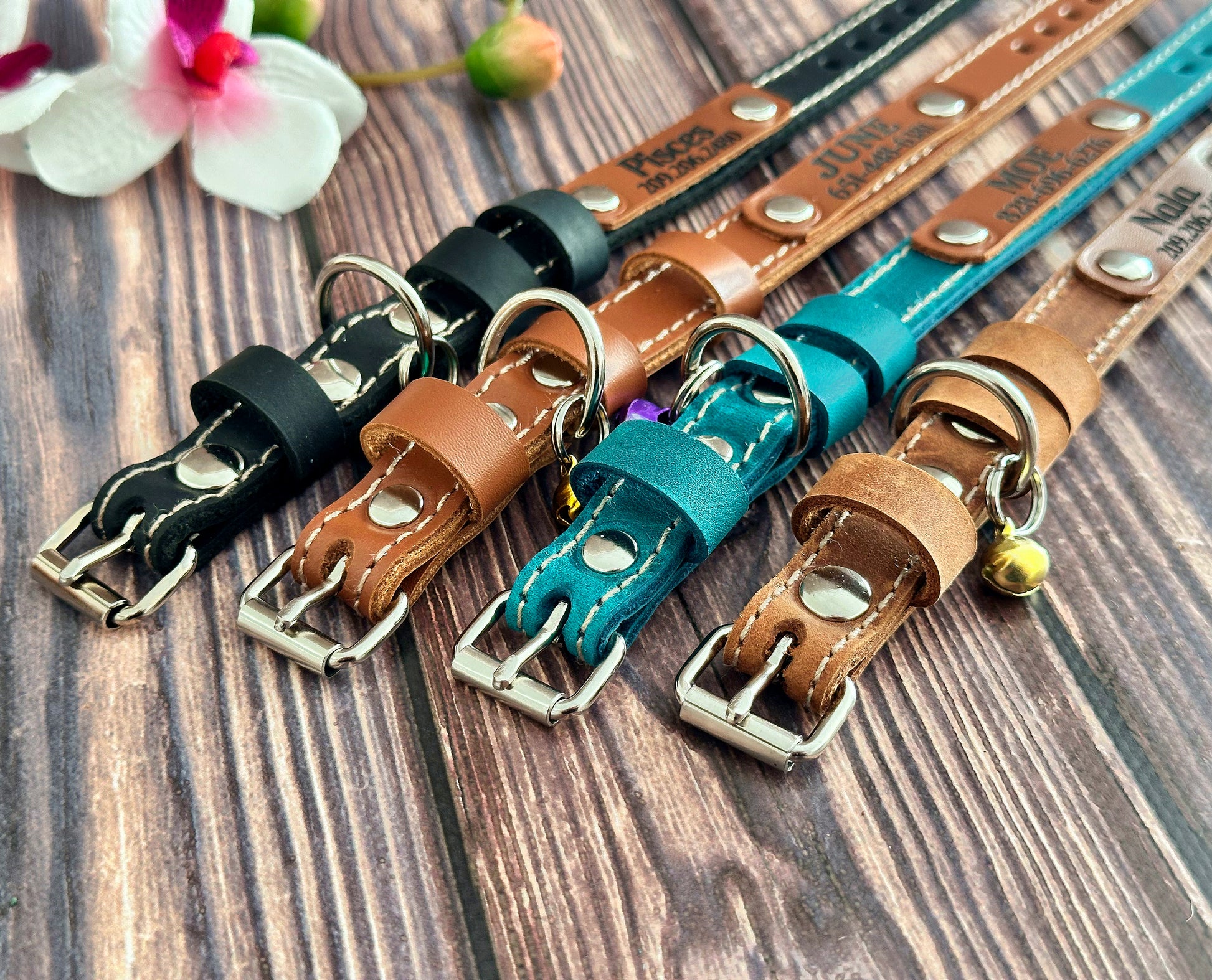 Personalized leather kitten collar with custom engraving for name and phone number. Soft, stylish, and available in multiple colors.