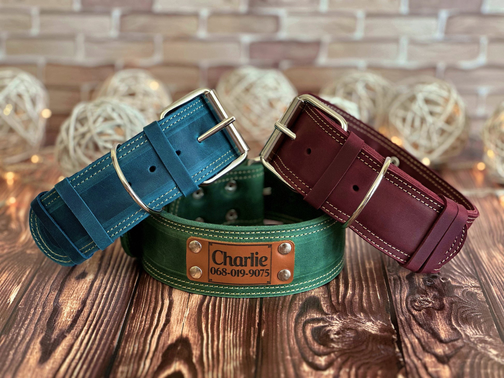 Personalized wide 2-inch leather dog collar with reinforced stitching and adjustable size for a secure and stylish fit.